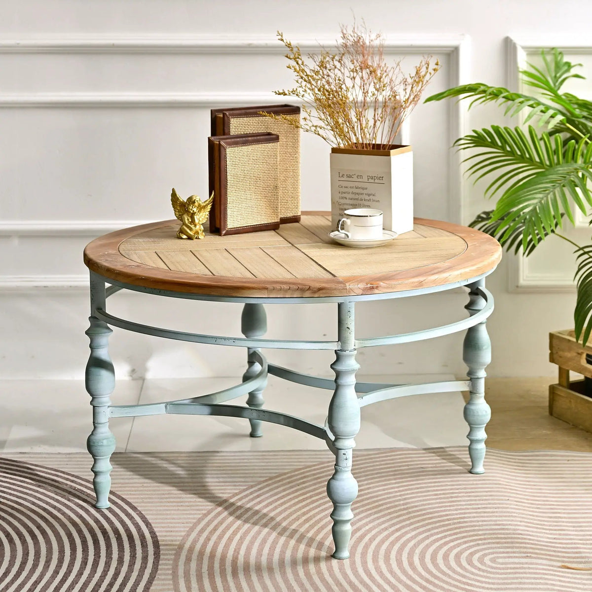 Round Carved Top Coffee Table | 31.5 Inch Diameter | Detachable Metal Legs | Easy Assembly