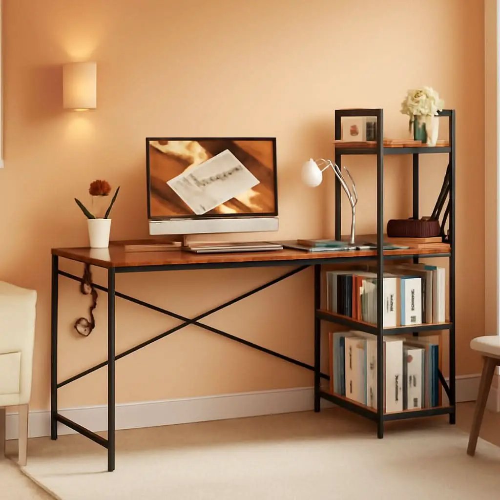Rustic Brown Desk With Built In Power And Spacious Storage For Home Office from PriceLows™