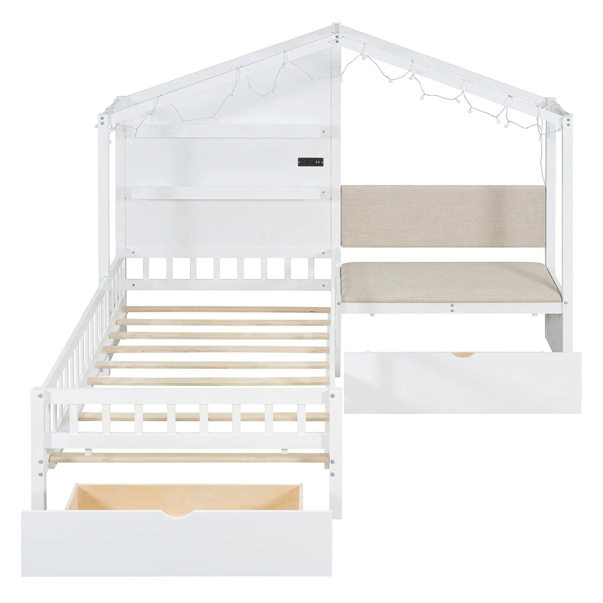 House Bed With Upholstered Sofa, Wireless Charging Station, Shelves And 2 Drawers | 2 Pieces | 2-Drawer | Bedroom