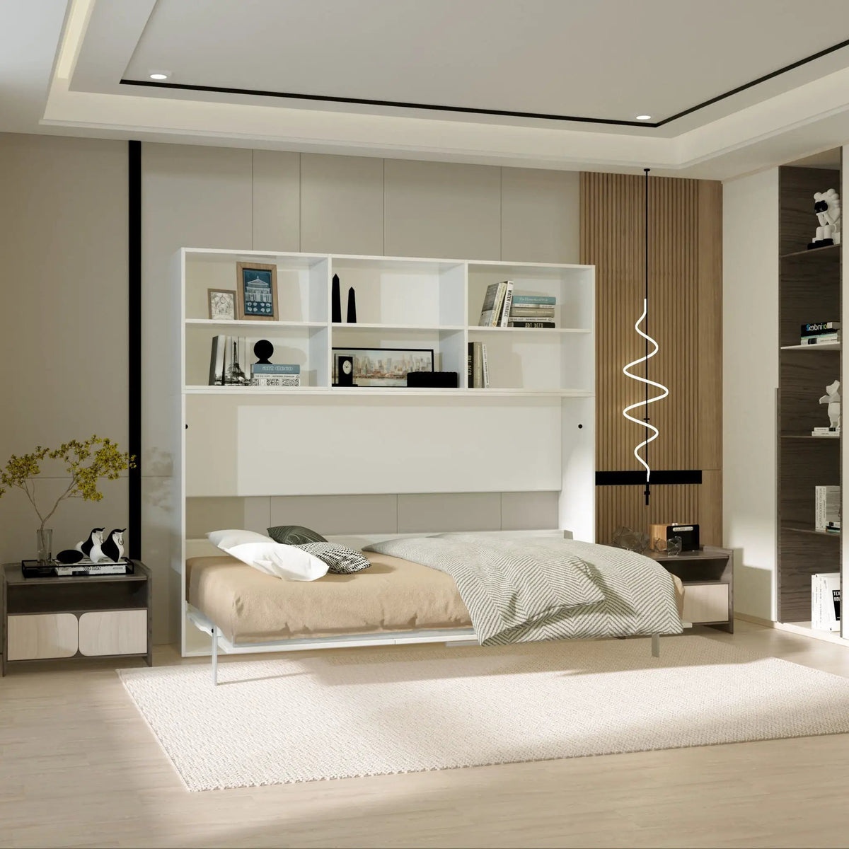 Twin Size Horizontal Murphy Bed | Gas Struts | White | Double Layer Shelf