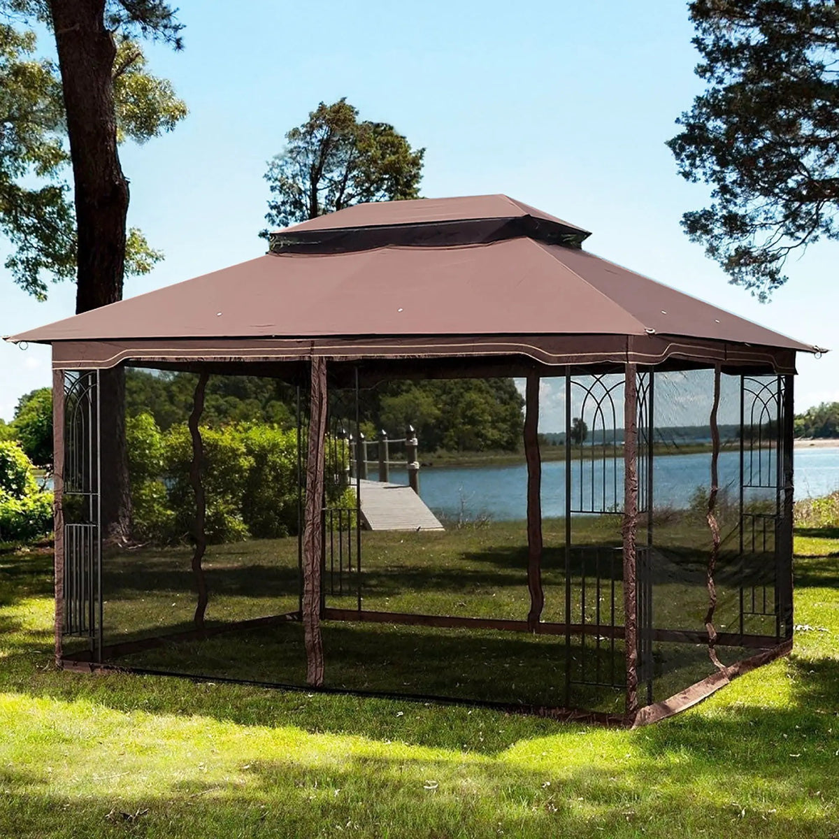 Outdoor Patio Gazebo | 13x10ft Double Roof | Mesh Screens | Brown