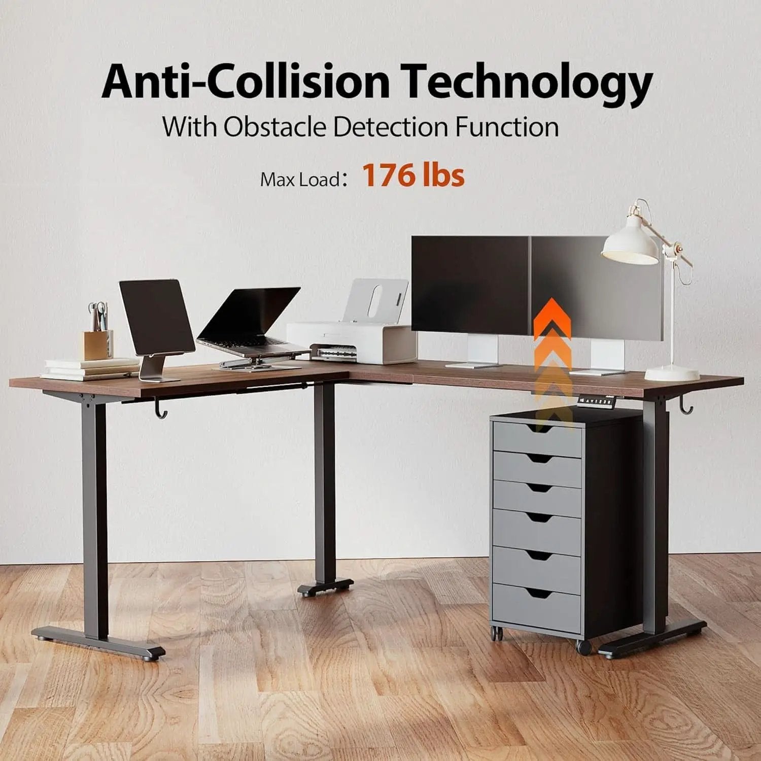 L Shaped Electric Standing Desk 63 By 55 Inch Dark Walnut from PriceLows™