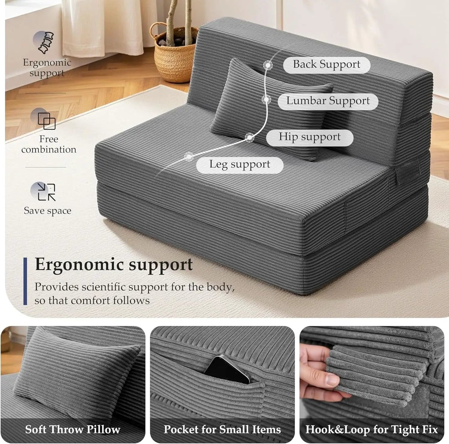 Dark Gray 4In1 Folding Memory Foam SofaBed Washable Cover from PriceLows™