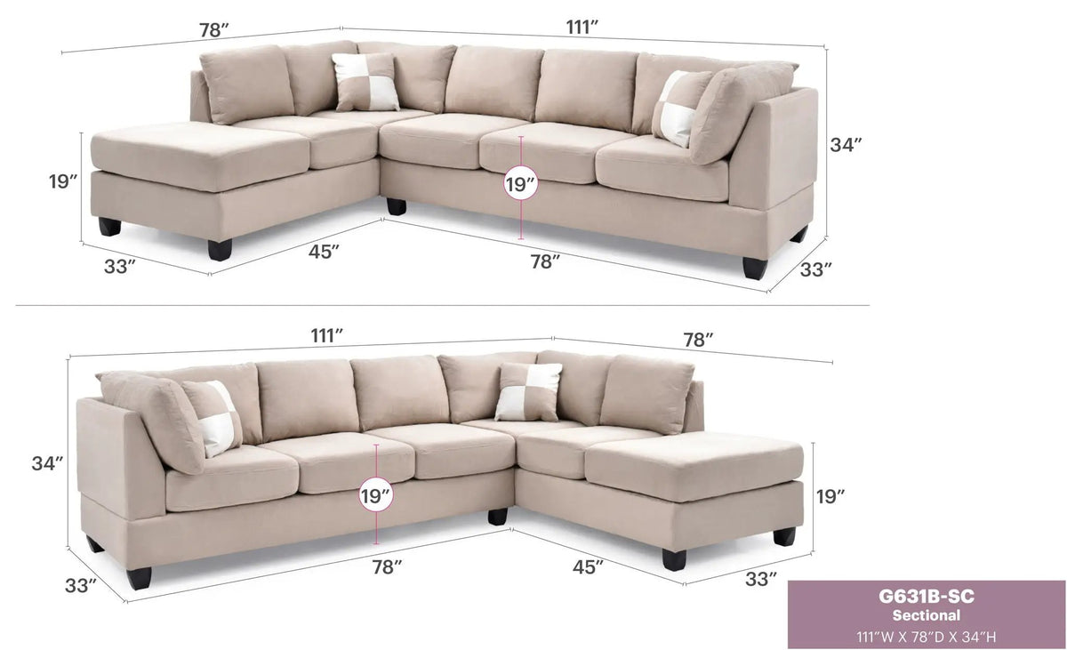 Malone Comfort Sectional | Pocketed Coil And Foam Seating | Removable Backs | 111 Inch Length