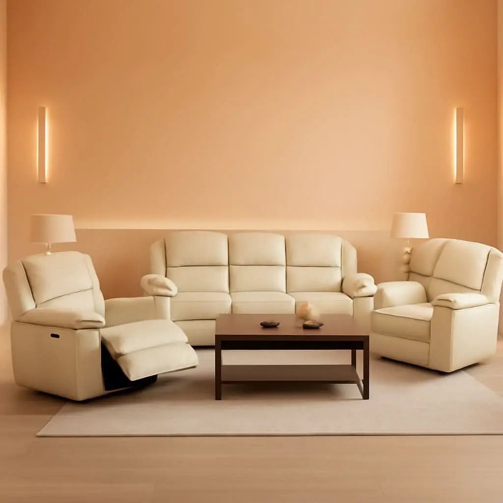 Beige Leather Recliner Sofa Set With Storage And Cup Holder from PriceLows™