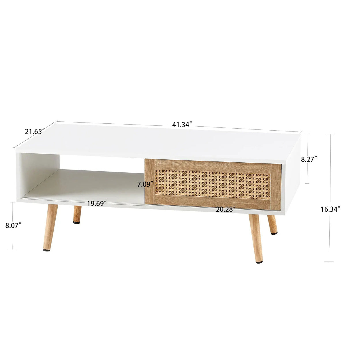Rattan Coffee Table | 41.34 Inch Width | Sliding Storage Door | Solid Wood Legs