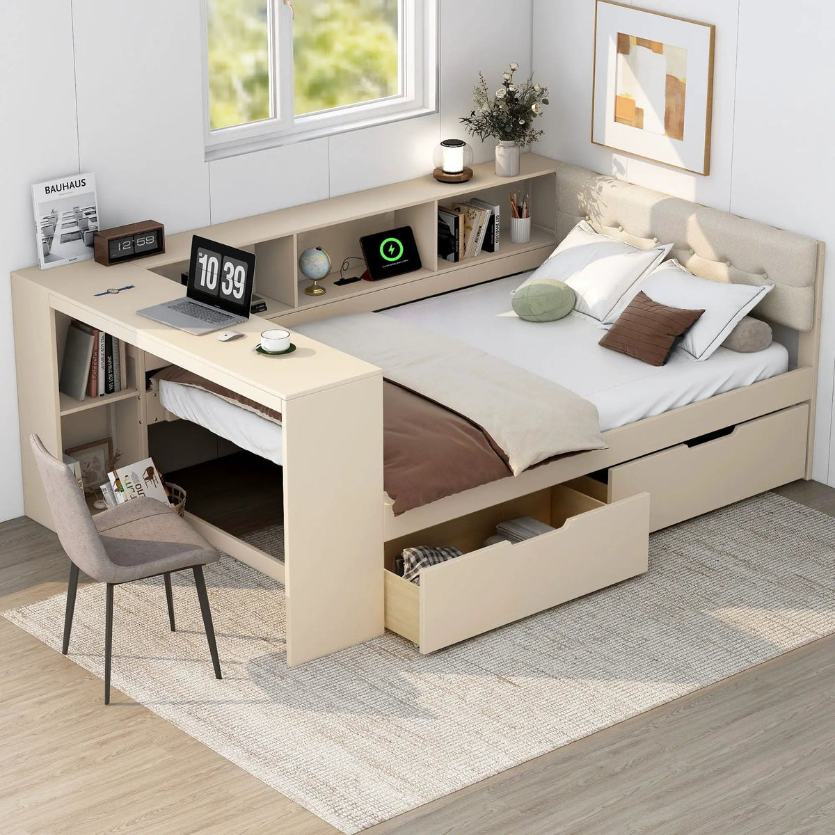 Upholstered Headboard Platform Bed | Storage Shelves | Two Drawers | Charging Station