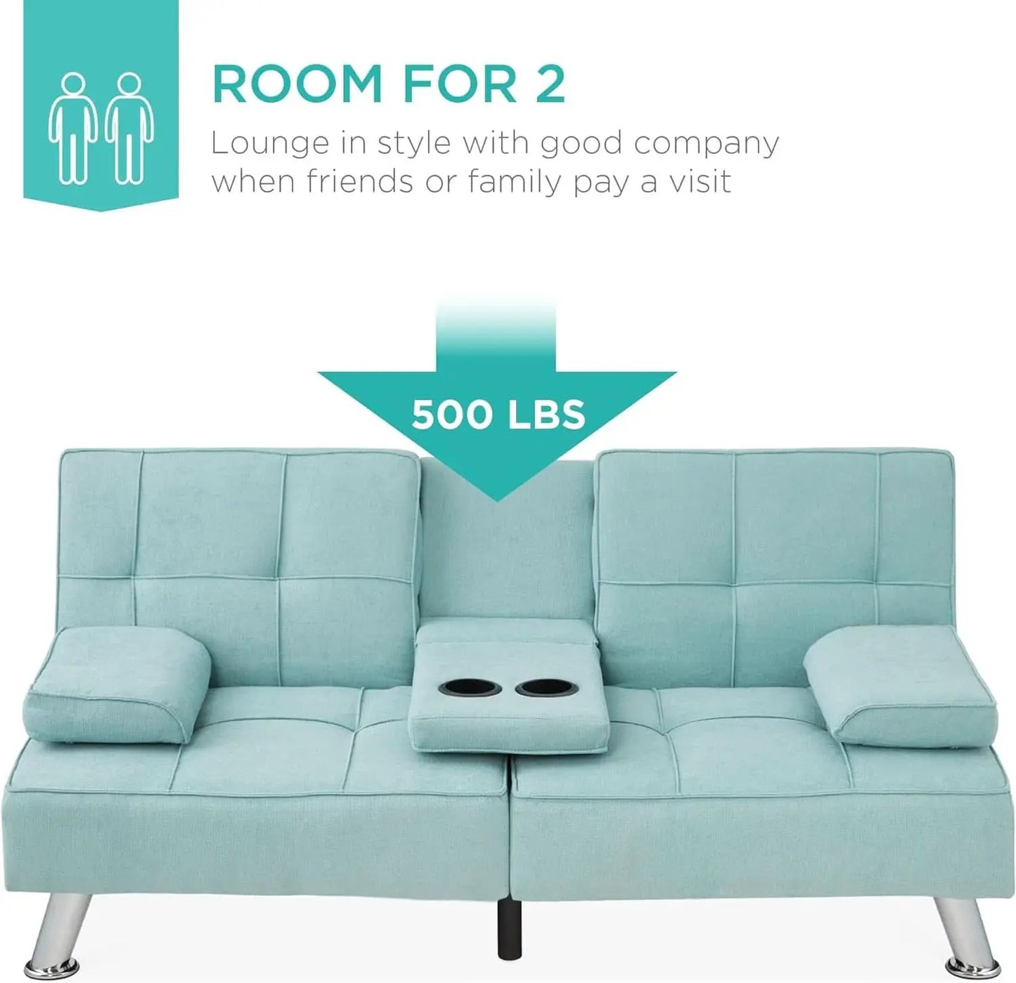 Linen Folding Futon Sofa Bed Aqua With Removable Armrests from PriceLows™