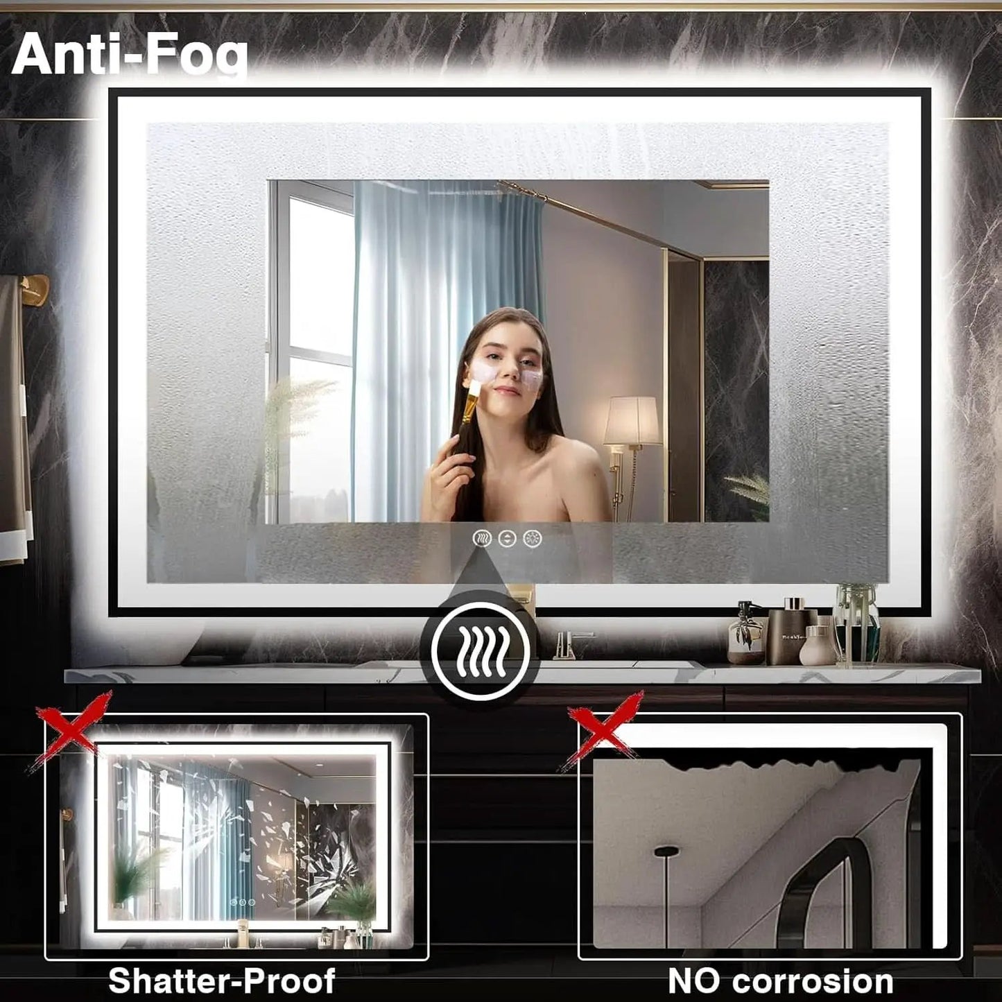 60X40 Matte Black LED Bathroom Mirror With Dimmable Lights from PriceLows™