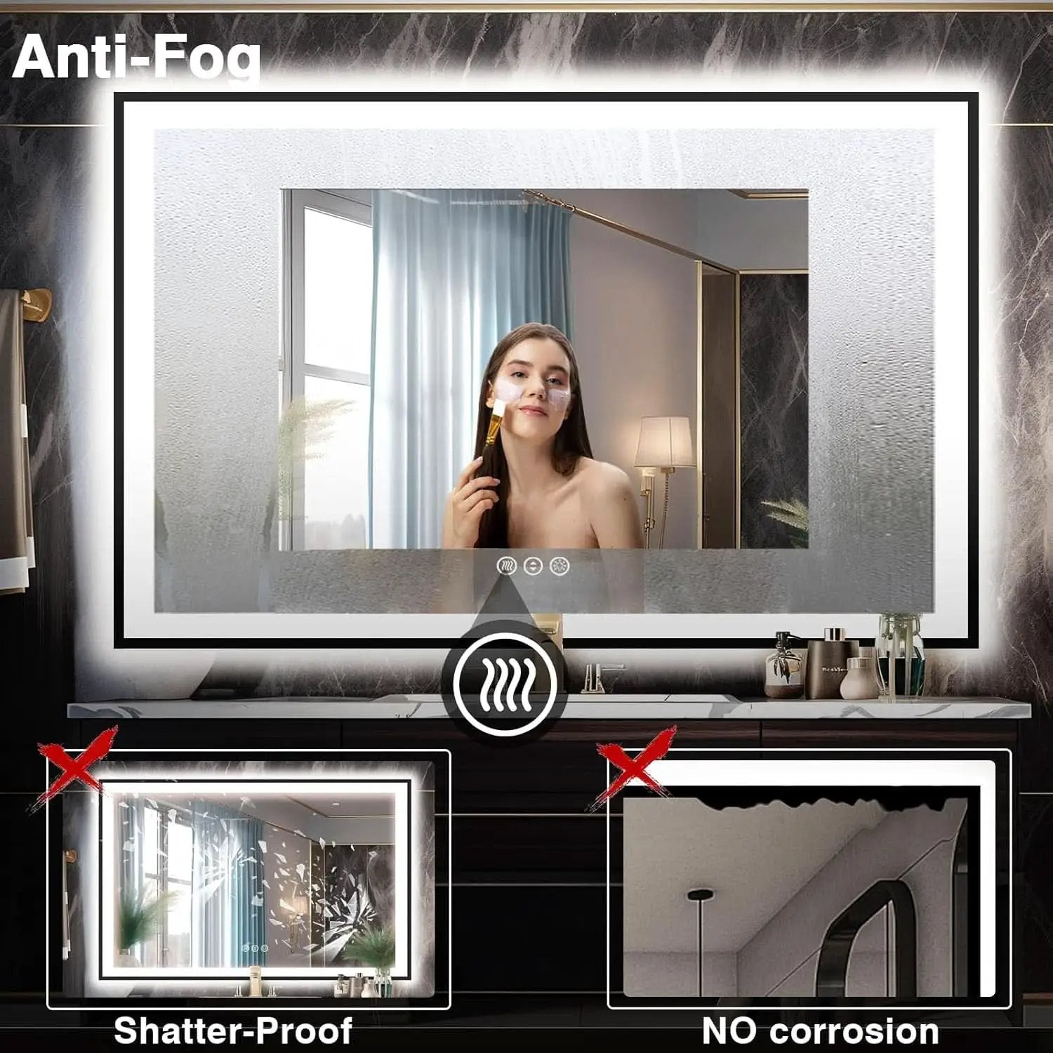 60X40 Matte Black LED Bathroom Mirror With Dimmable Lights from PriceLows™