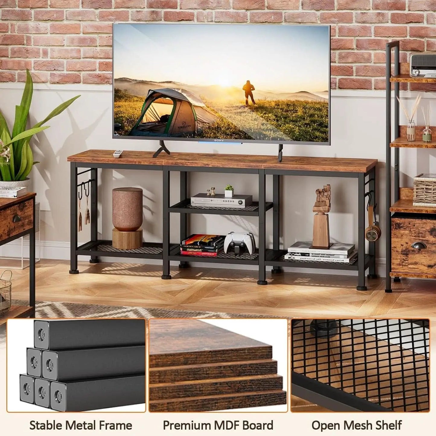 Rustic Brown TV Stand For 55 Inch With Open Storage Shelves from PriceLows™