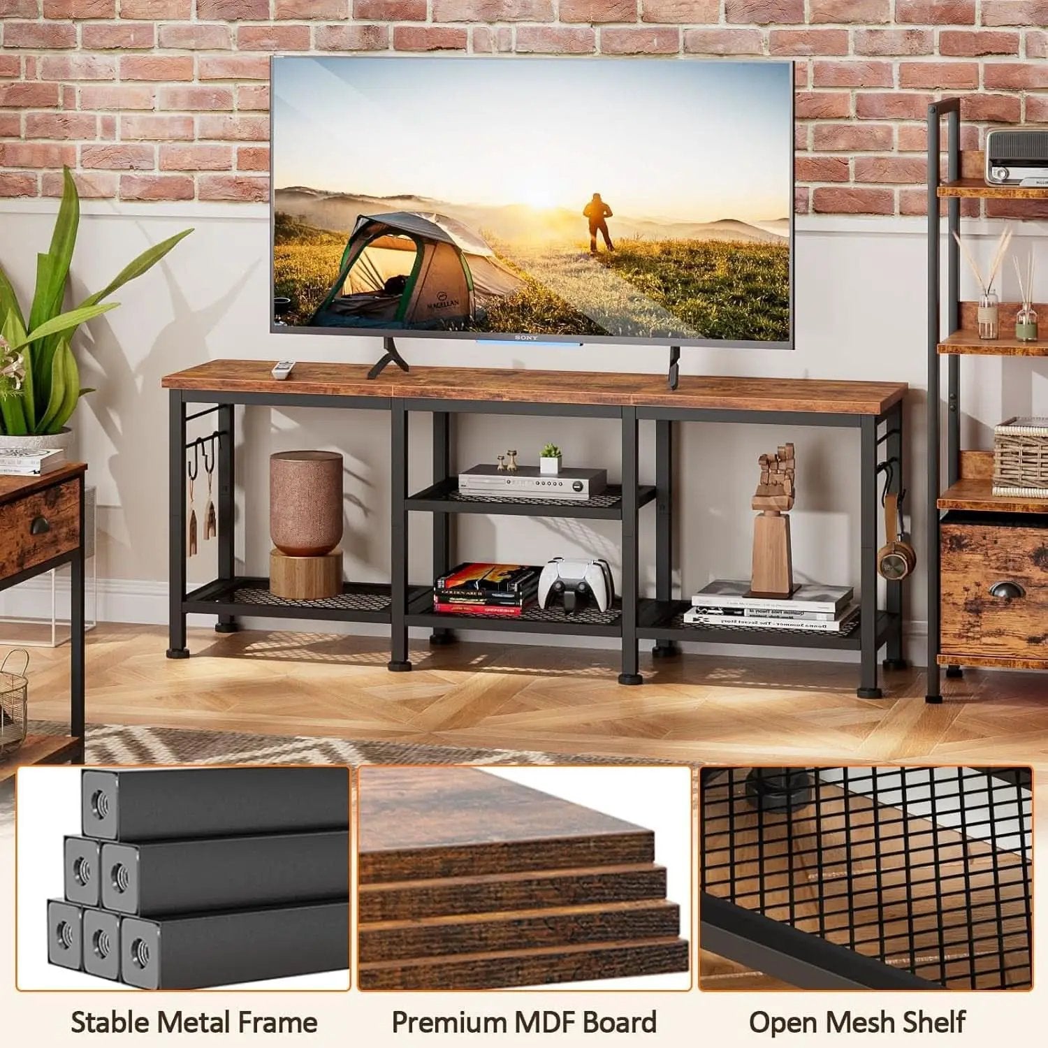 Rustic Brown TV Stand For 55 Inch With Open Storage Shelves from PriceLows™
