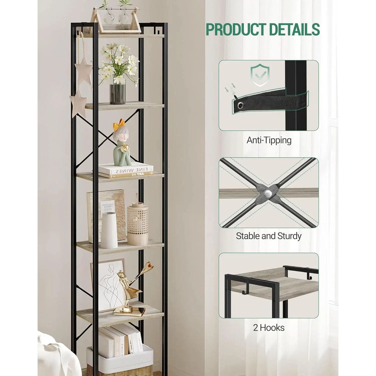 Greige Six Tier Narrow Bookshelf With Two Hooks Industrial from PriceLows™