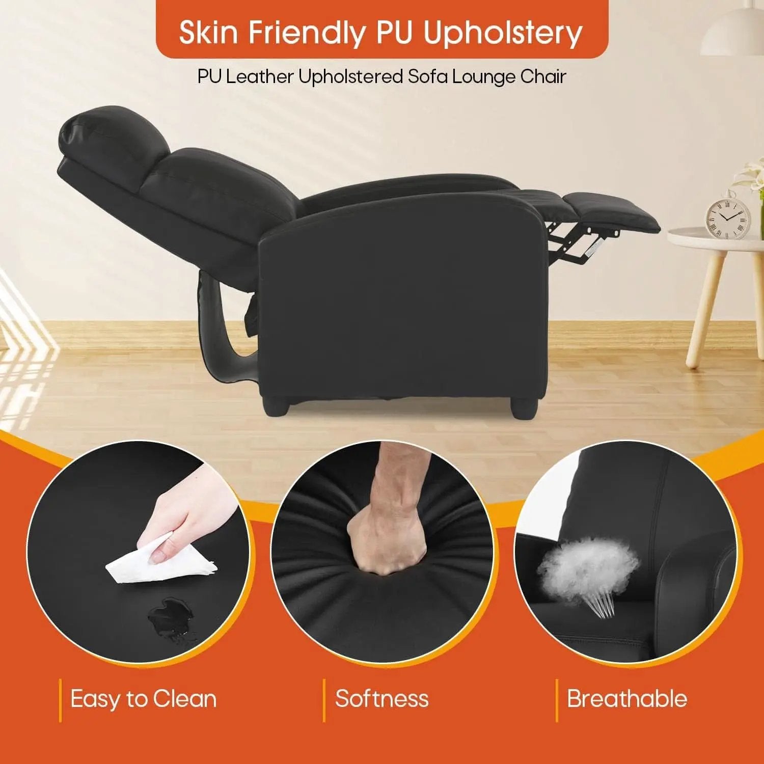 PU Leather Recliner Chair Black With Lumbar Support from PriceLows™