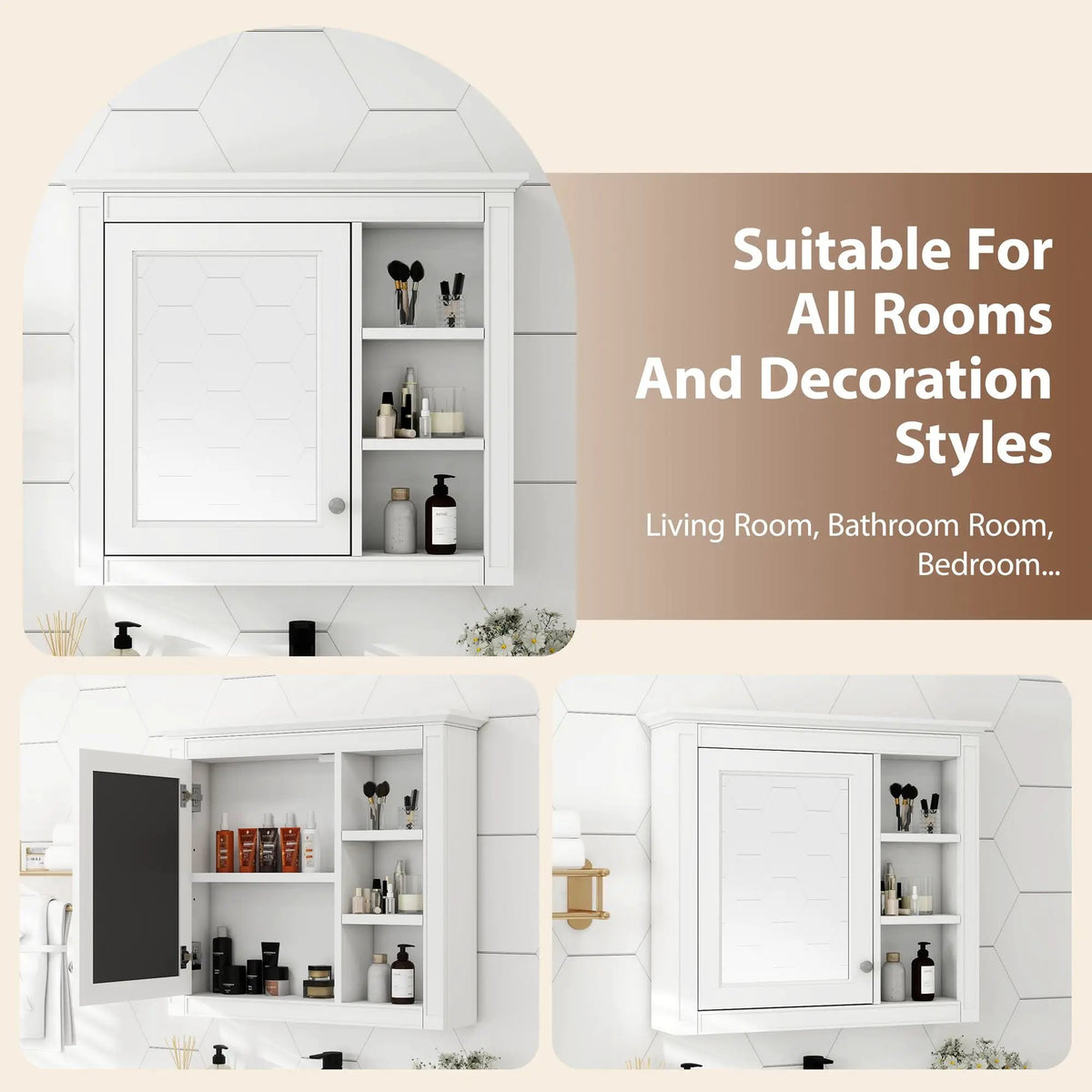 Modern Wall Mounted Medicine Cabinet | 3 Open Shelves | Mirror Door