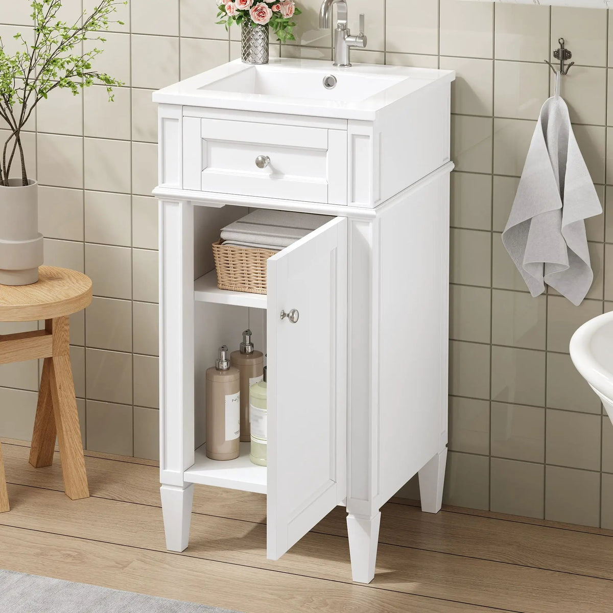 French Style Bathroom Vanity | Integrated Ceramic Sink | Fluted Panels | Solid Wood Legs