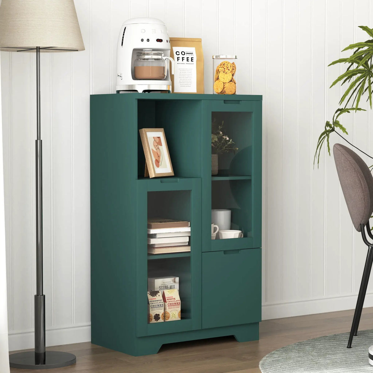 Modern Storage Cabinet | Adjustable Shelves | Double Glass Doors | Gray