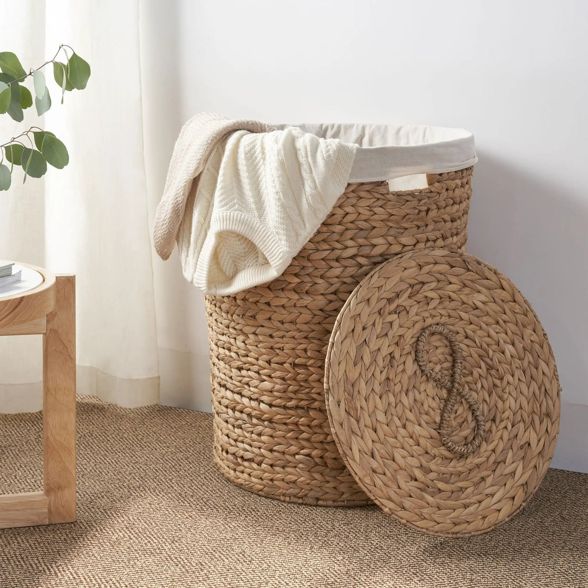 Ludmilla Round Laundry Hamper With Lid | Water Hyacinth Woven Wicker | Tall Storage Basket | 23 Inch Height