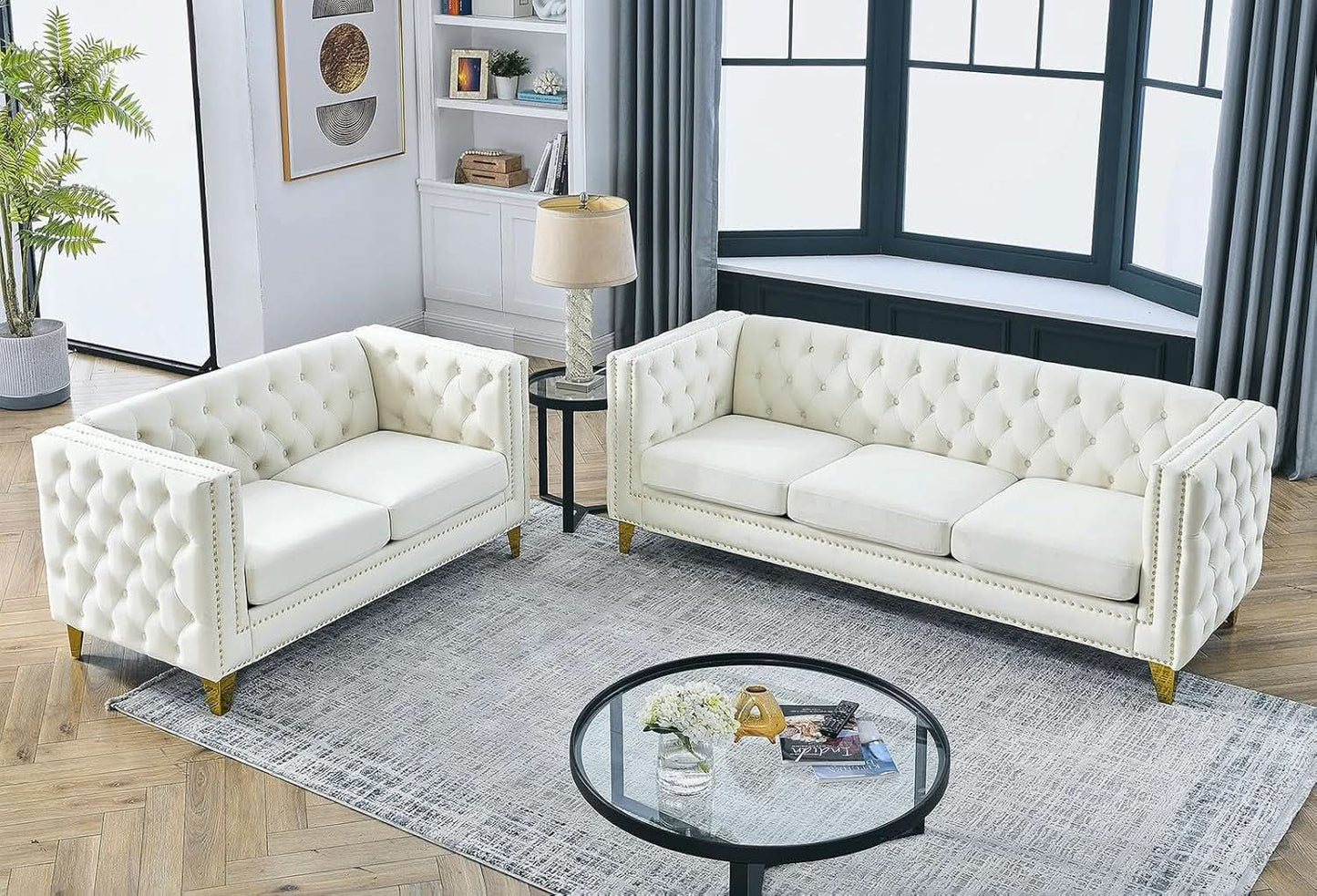 Velvet Beige 80-Inch Sofa Set With 58-Inch Loveseat And Gold Nail Heads from PriceLows™
