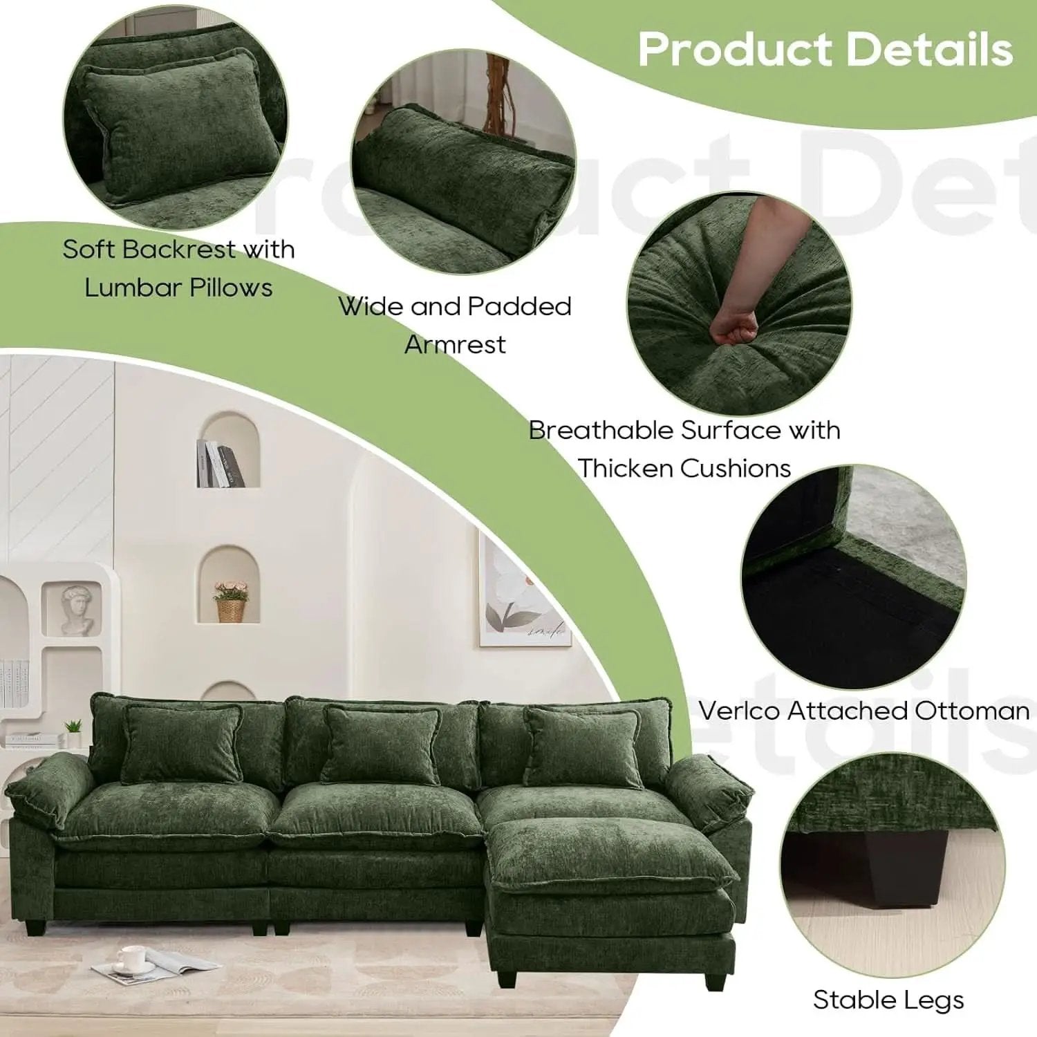 120Inch Green Modular Sectional Sofa Featuring Ottoman from PriceLows™