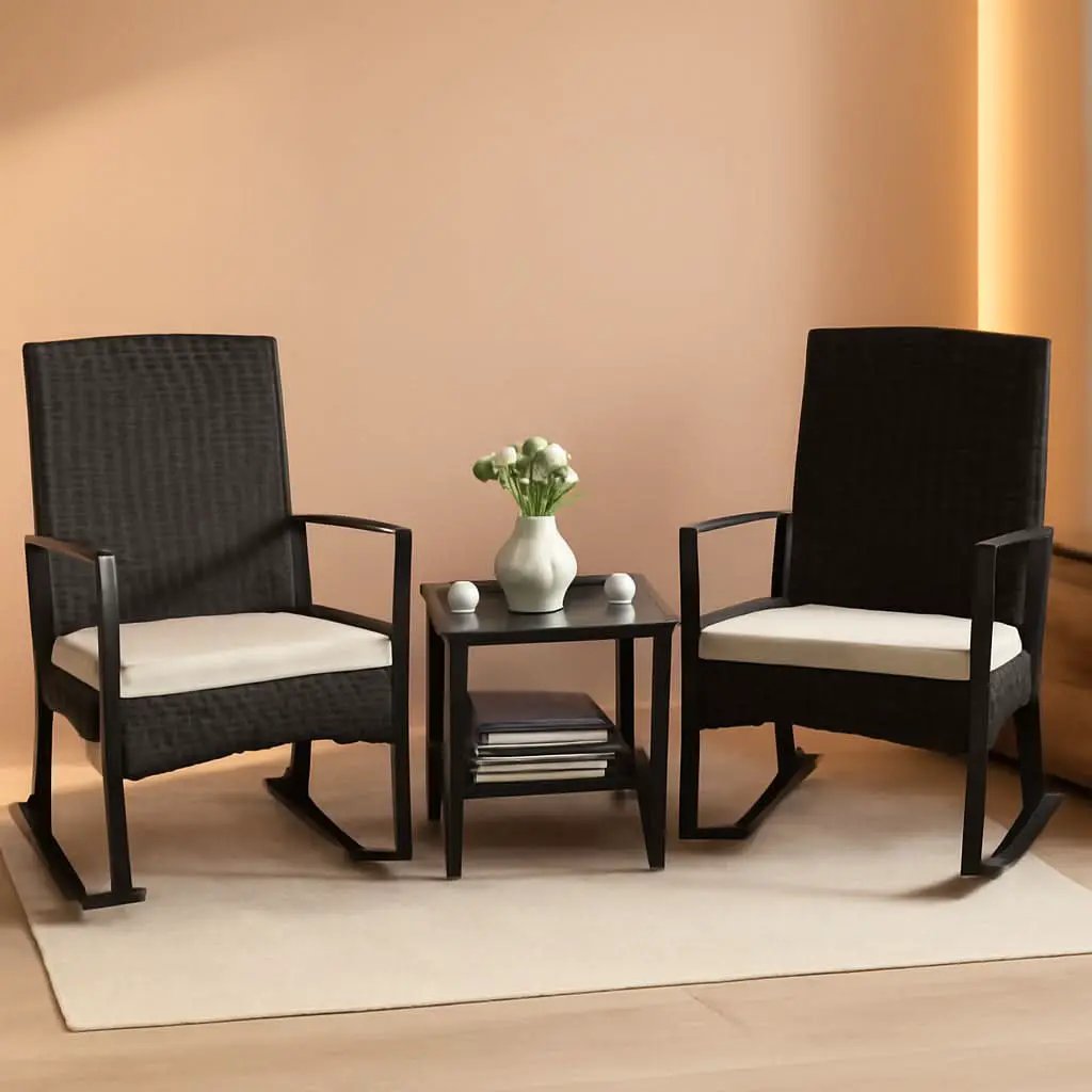 Three Piece Patio Furniture Set Outdoor Wicker Rocking Chairs With Glass Coffee Table Beige from PriceLows™