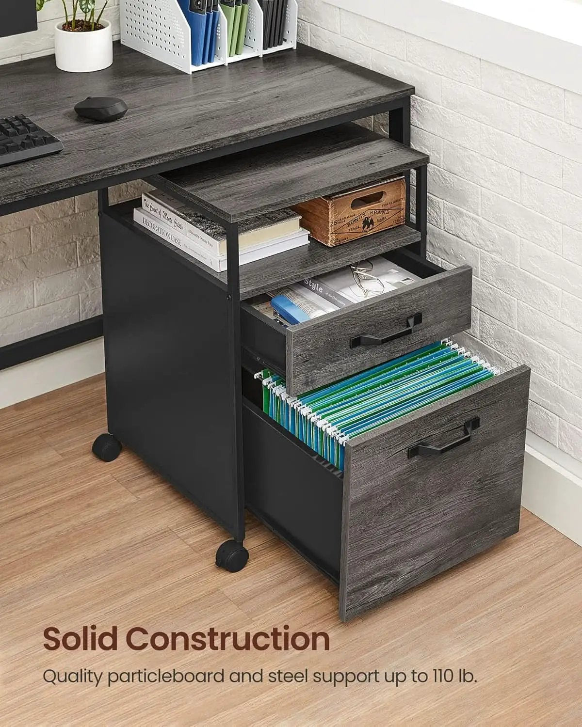 Mobile File Cabinet With Wheels 2 Drawers Open Shelf Charcoal Gray And Ink Black from PriceLows™