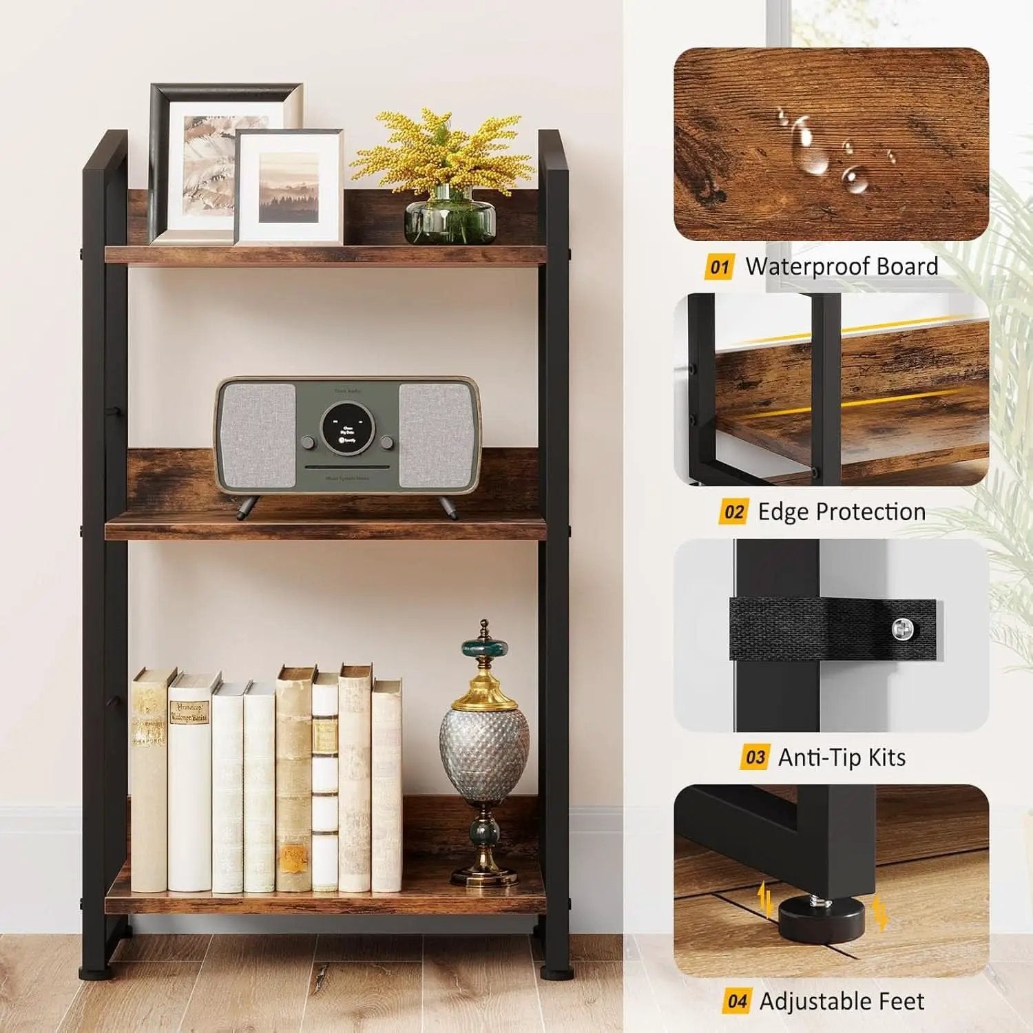 3 Tier Wooden Bookshelf With Edge Protection Vintage Brown from PriceLows™