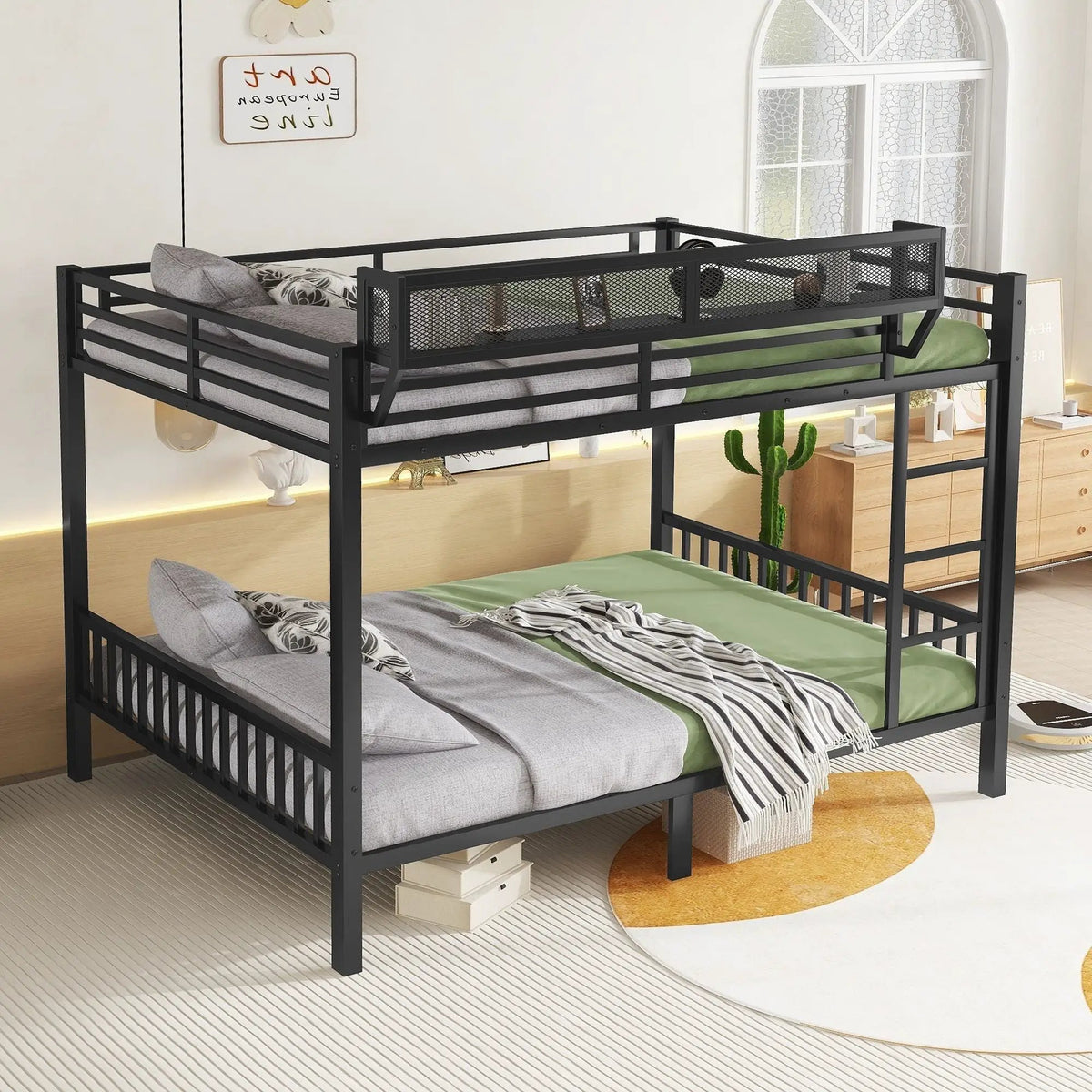 Queen Over Queen Bunk Bed | Durable Steel Frame | Storage Shelf | Black
