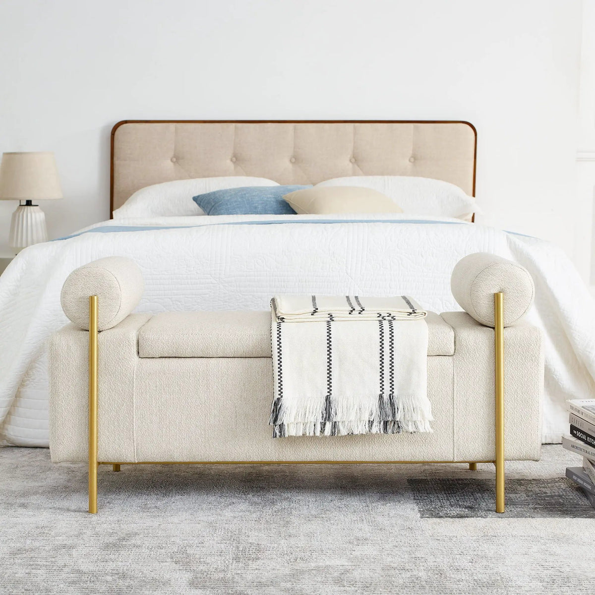 Upholstered Storage Bench | Cylindrical Arms | Iron Legs