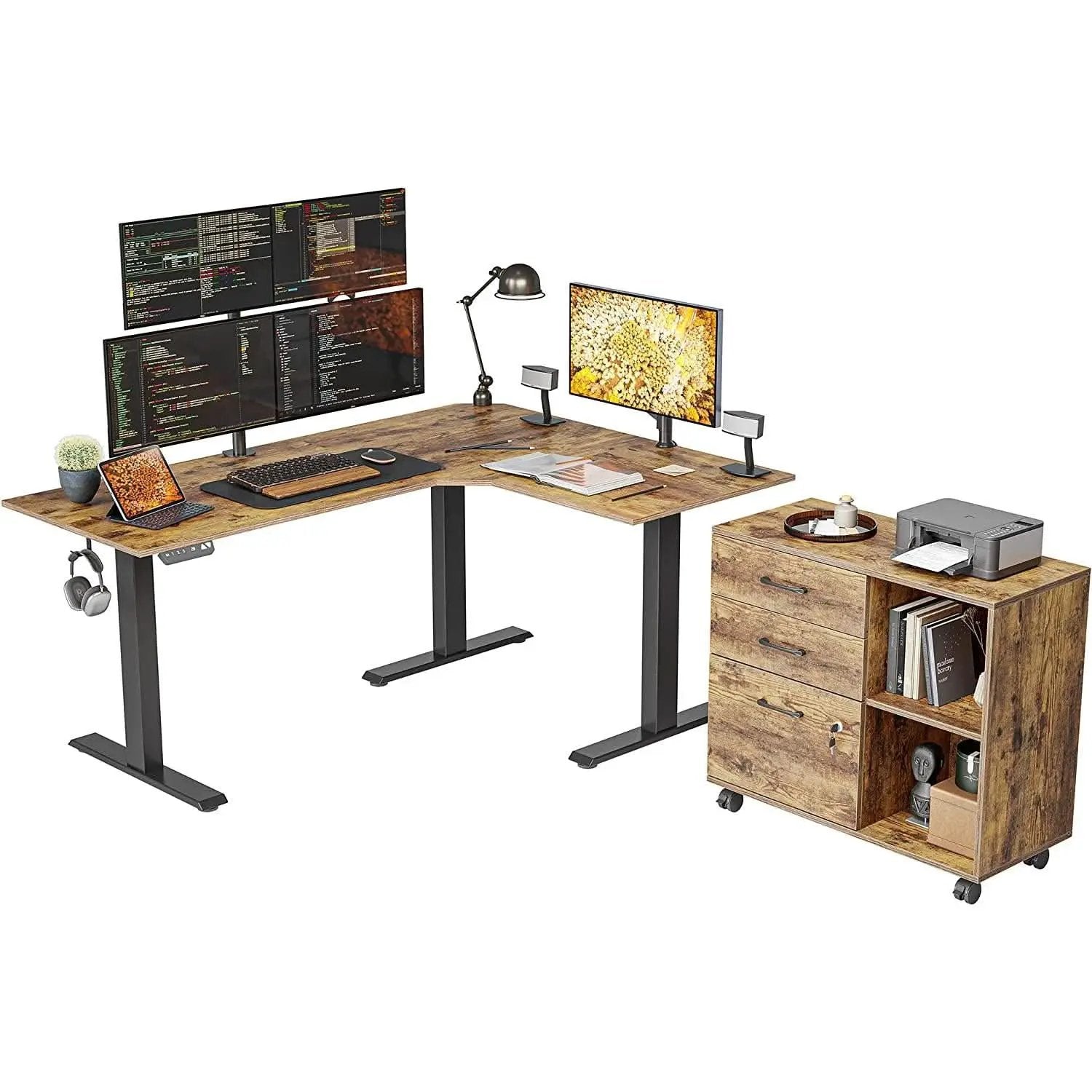 Electric Height Adjustable L Shaped Desk With File Cabinet from PriceLows™
