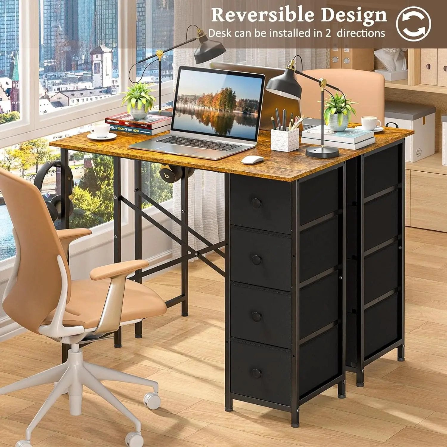 Rustic Brown Home Office Computer Desk With Fabric Drawers from PriceLows™