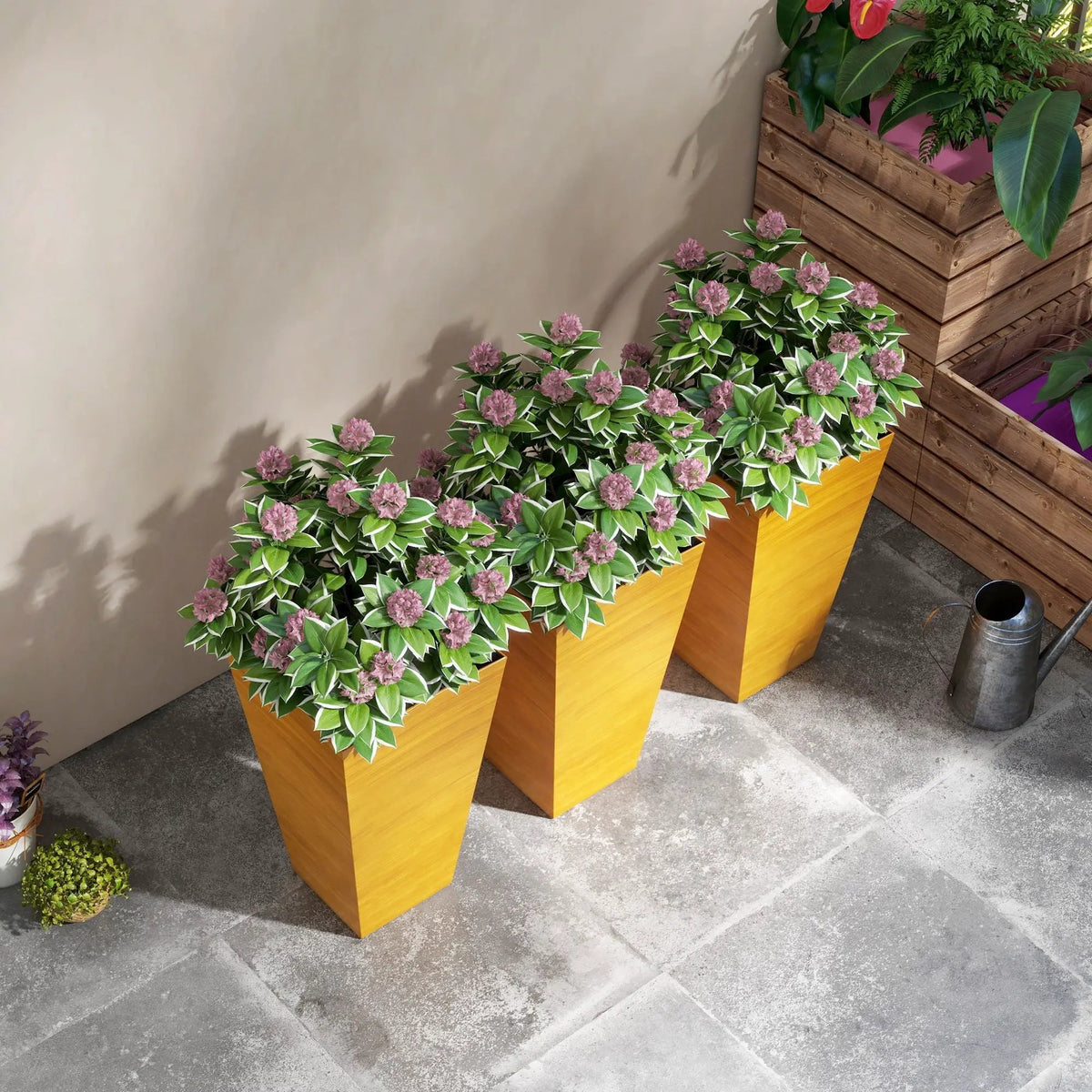 Outsunny Tapered Outdoor Planters | Set Of 3 | Faux Wood Grain Look | Drainage Holes And Plug