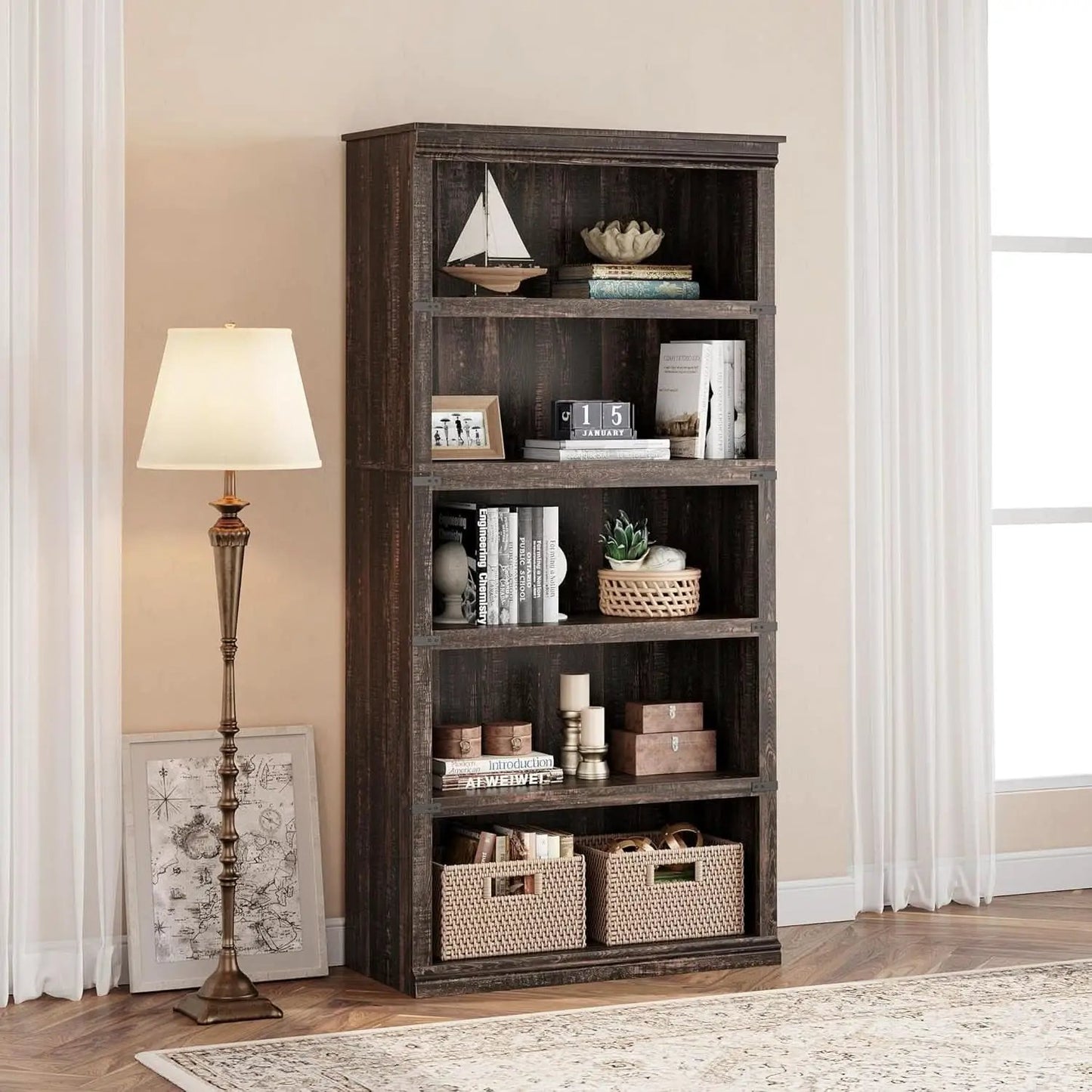 Farmhouse Cherry Bookcase 71 Inch Tall Sturdy Open Shelving from PriceLows™