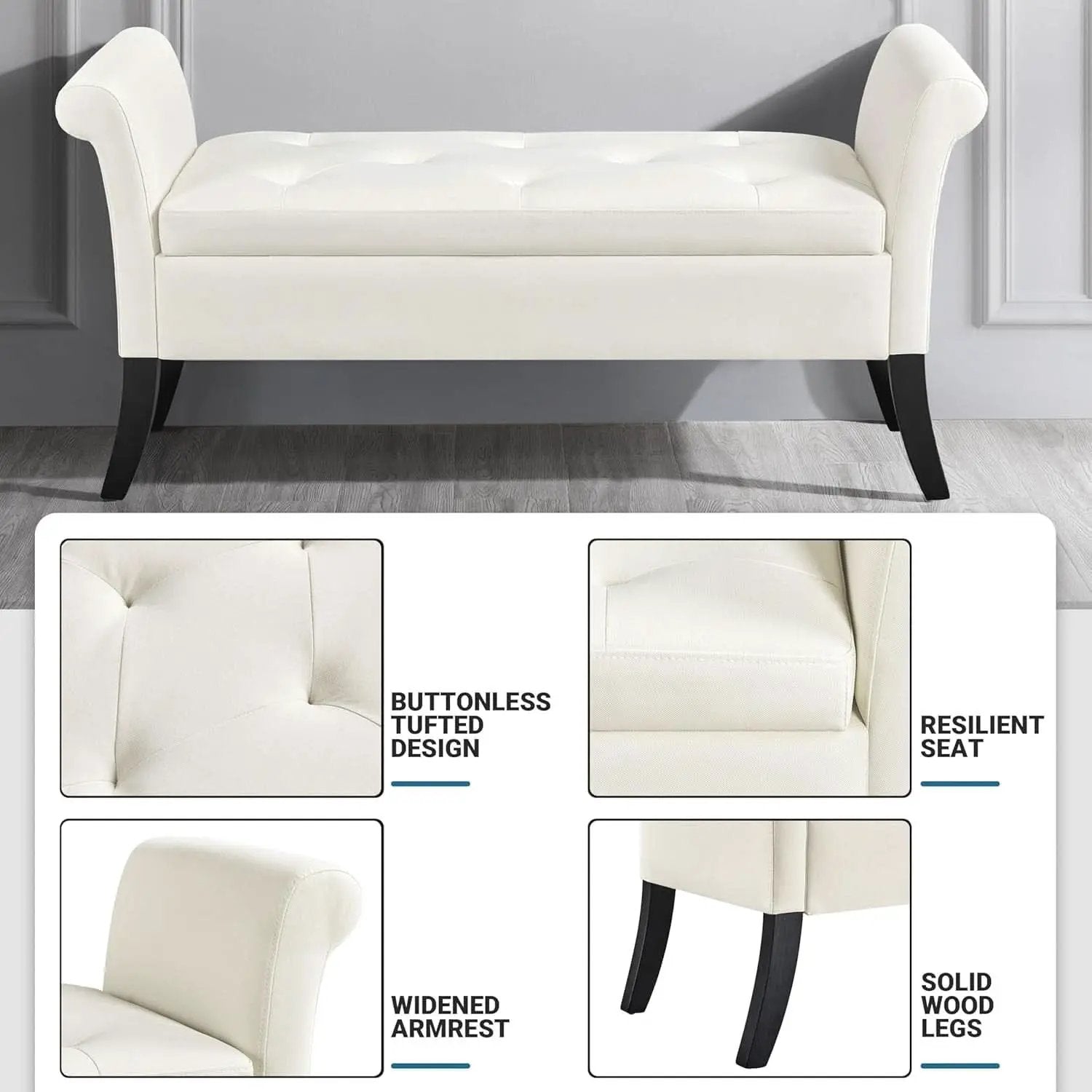 Fifty TwoInches Durable White Upholstered Storage Ottoman Bench from PriceLows™