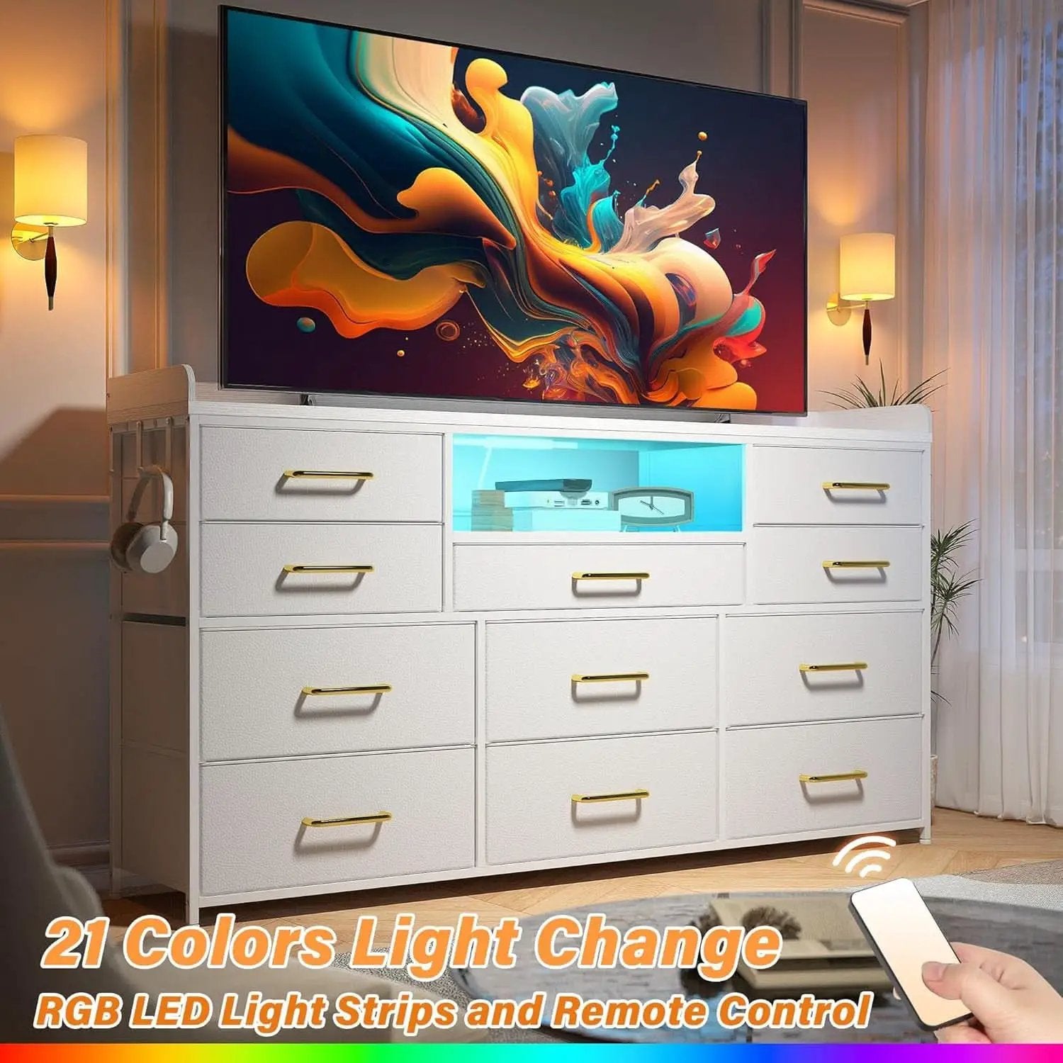 White Dresser TV Stand 60 Inch With LED And 11 Drawers from PriceLows™