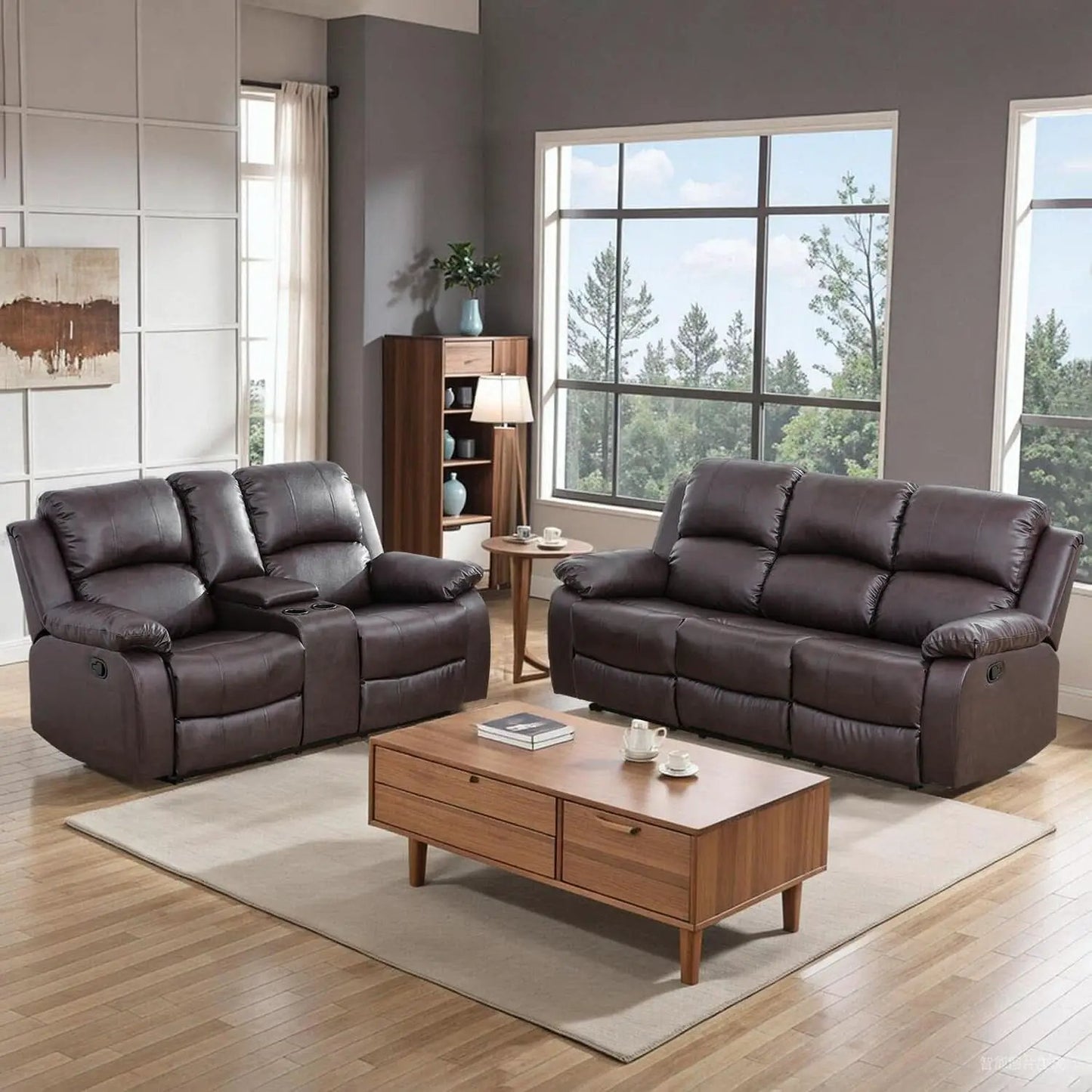 Brown Recliner Sofa With Pull Down Table Two Piece Set from PriceLows™