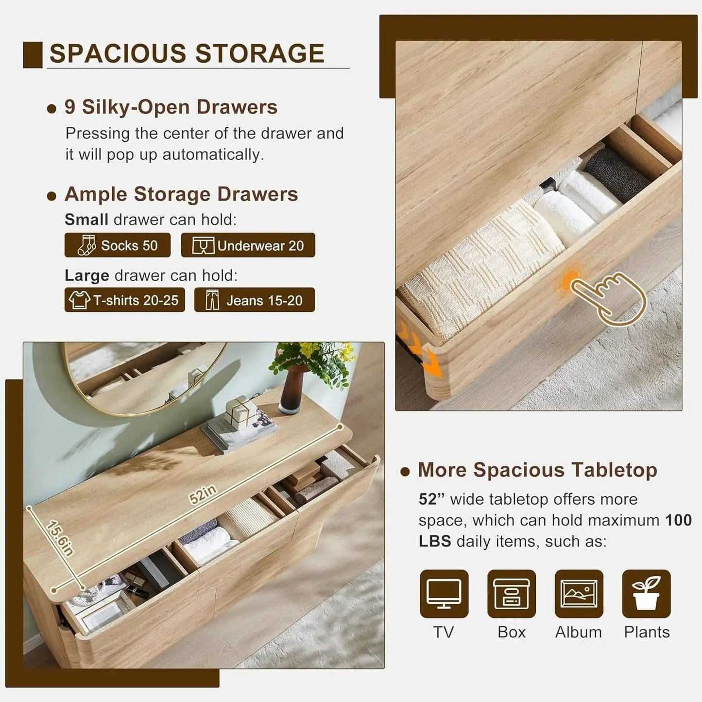 Contemporary 52 Inch Wide Nine Drawer Dresser Oak Finish from PriceLows™