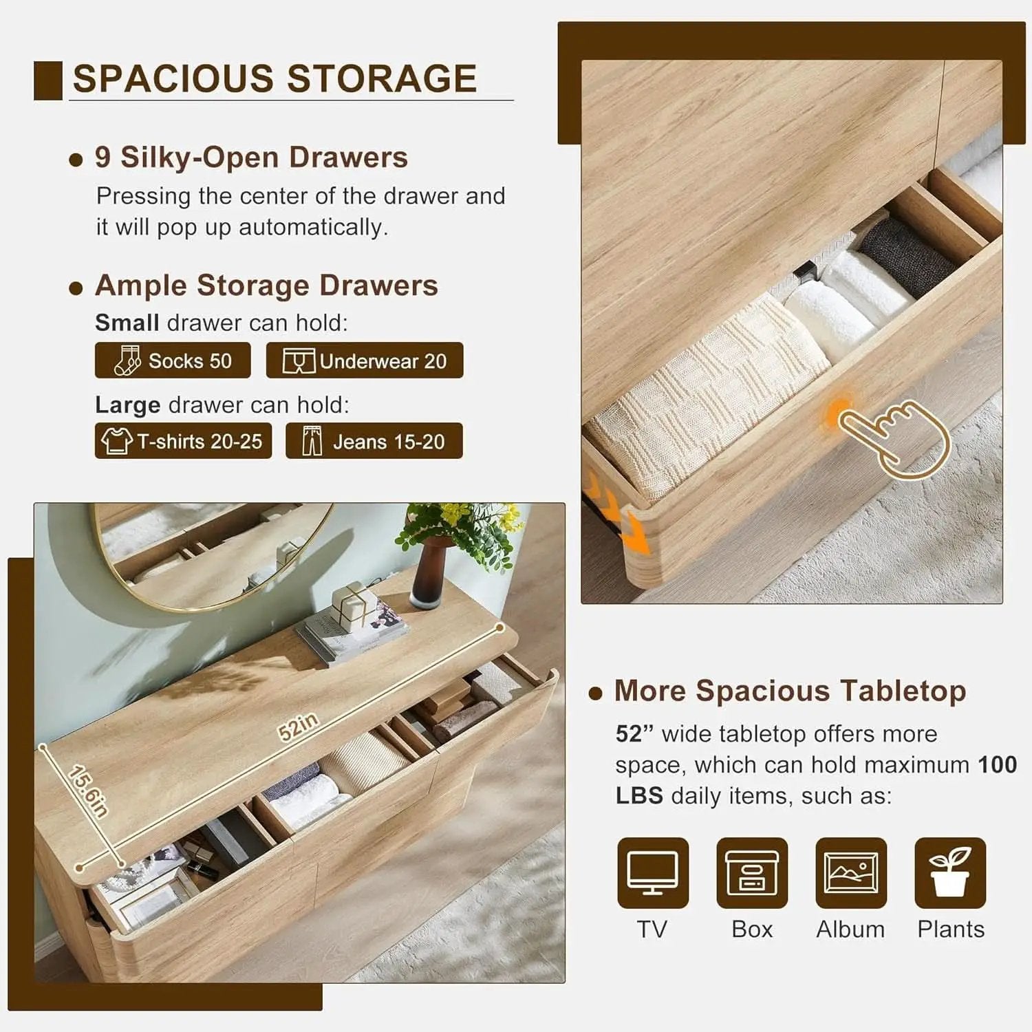 Contemporary 52 Inch Wide Nine Drawer Dresser Oak Finish from PriceLows™