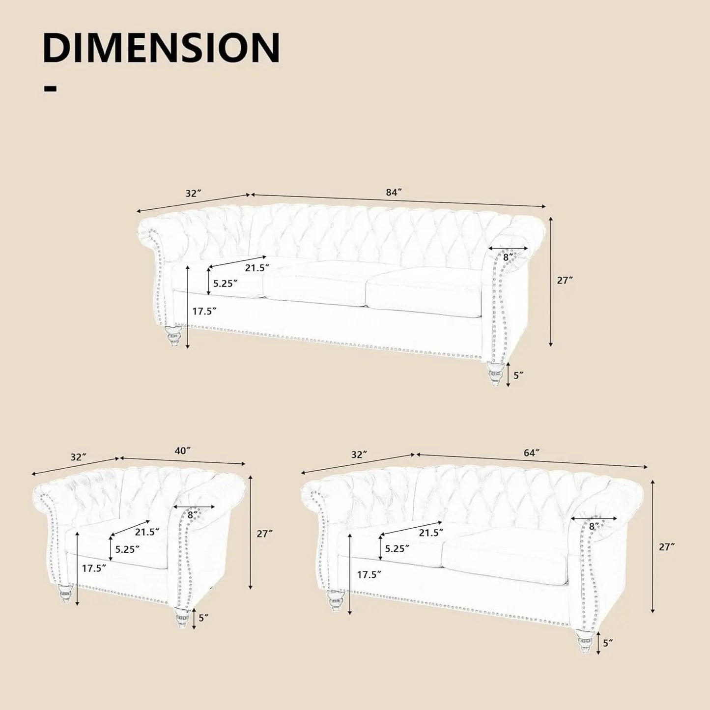 3 Piece Velvet Living Room Set Sectional Chesterfield Sofa Upholstered Loveseat And Chair from PriceLows™