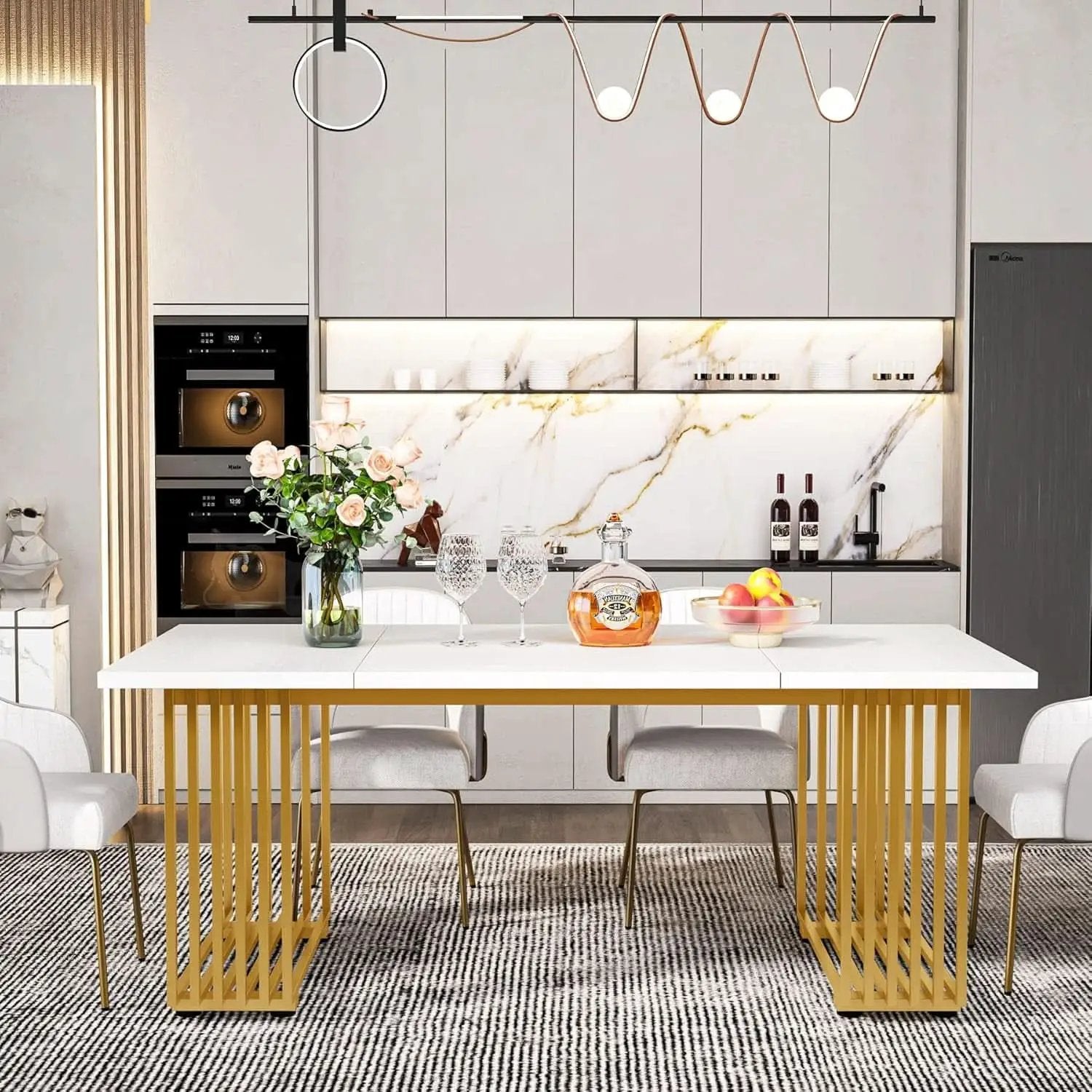 White Gold Wood Dining Table 70 Inch Rectangular For Dining Room from PriceLows™