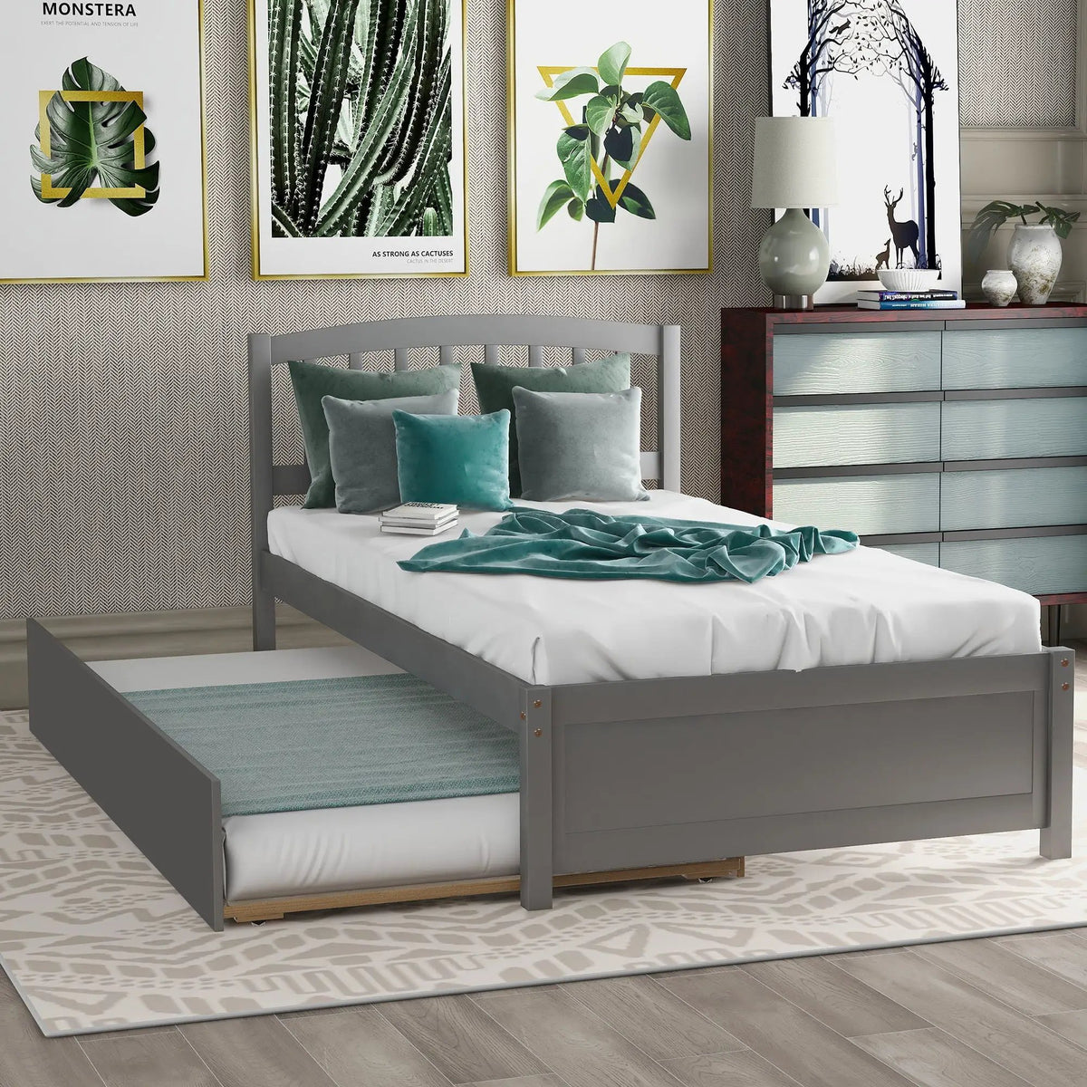 Wood Platform Bed Frame | Trundle Included | Minimalist Stylish Design | 37.5 Inch Height
