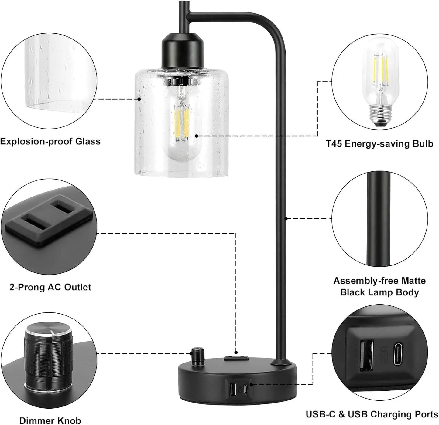 Industrial Table Lamps 2 Pack Black Dimmable USB Ports from PriceLows™