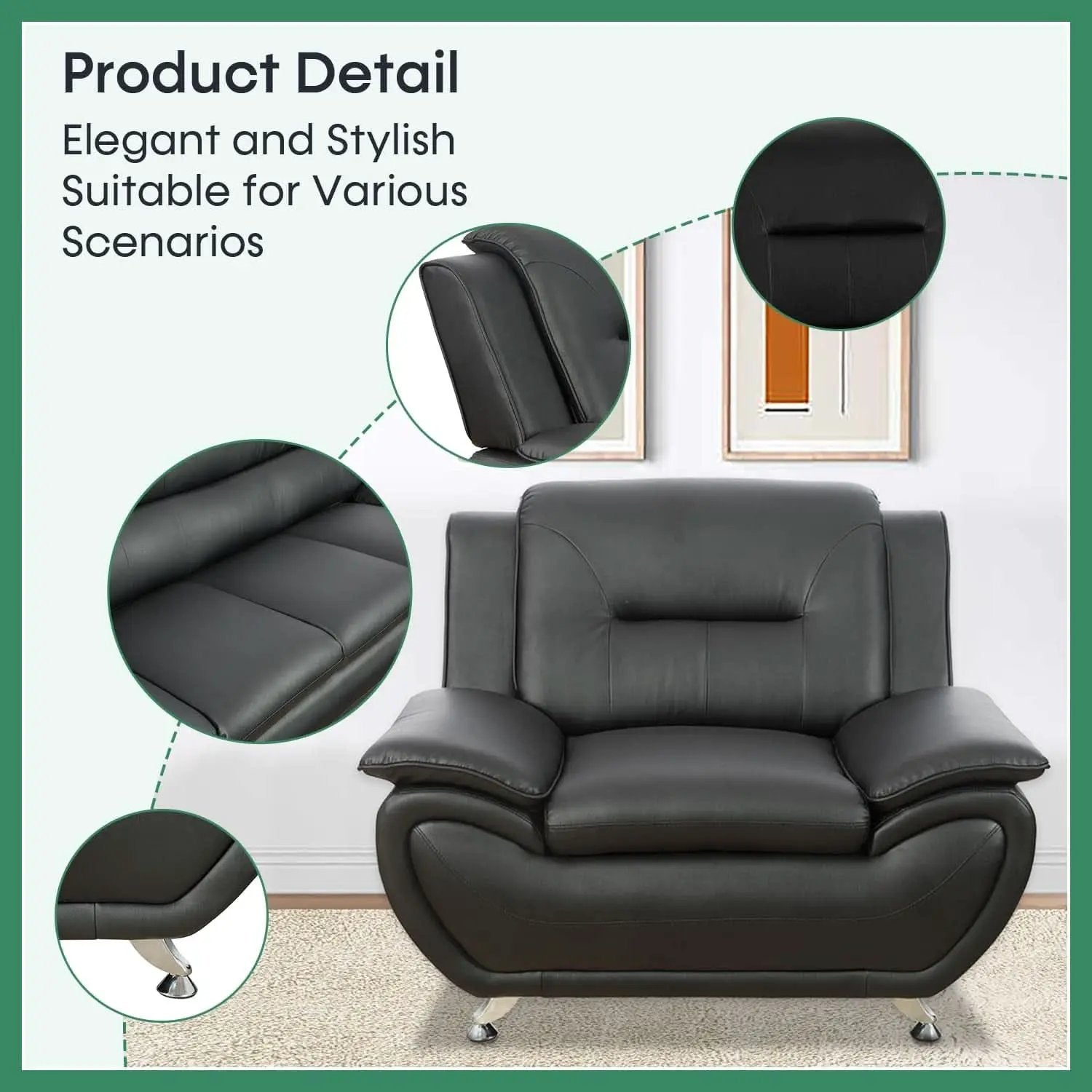 Leather Sofa Set 3 Piece Black Living Room Furniture from PriceLows™