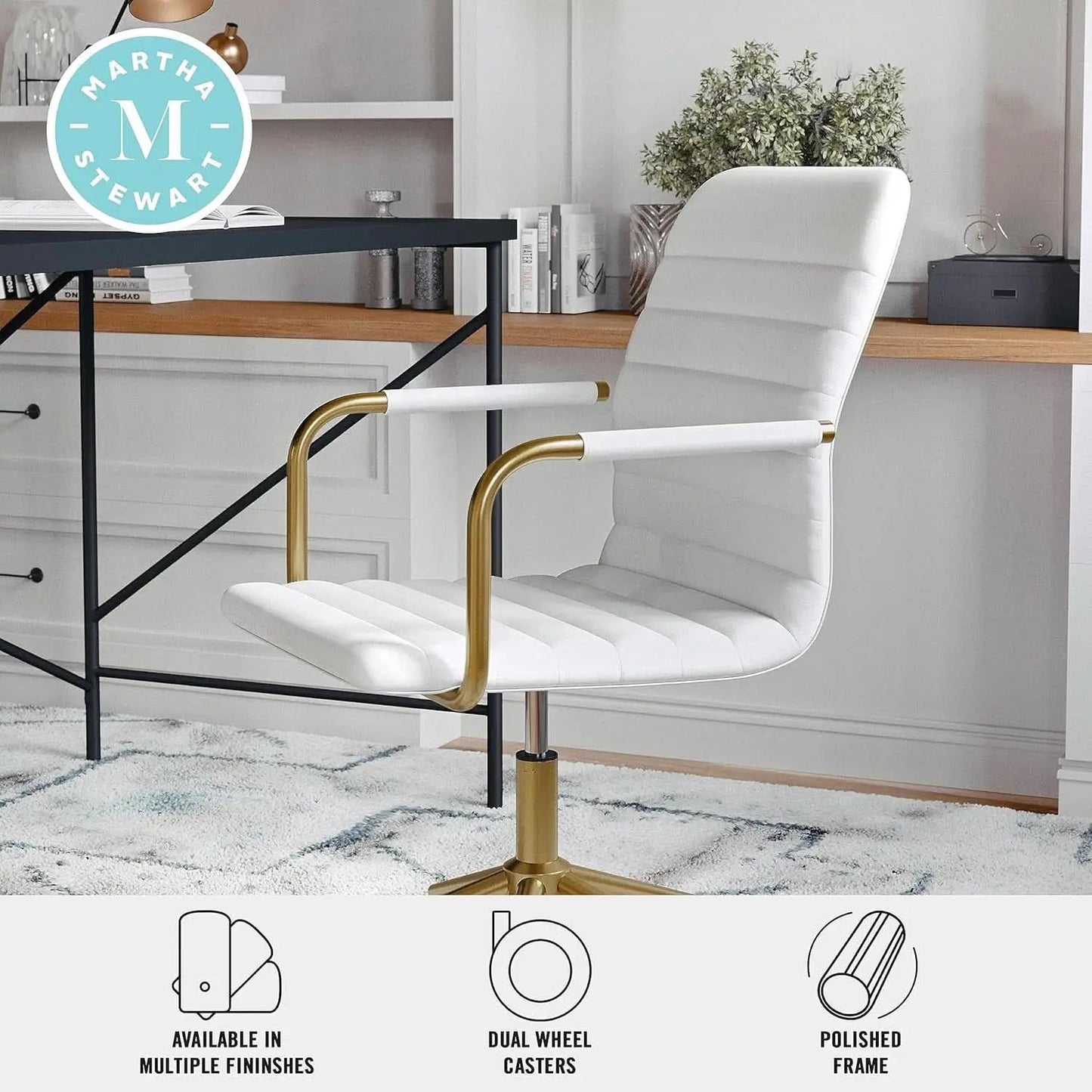 Taytum Swivel Task Chair White Faux Leather Brass Frame from PriceLows™