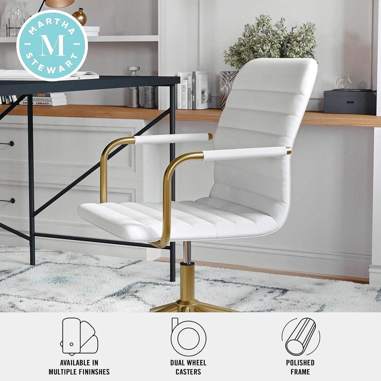 Taytum Swivel Task Chair White Faux Leather Brass Frame from PriceLows™