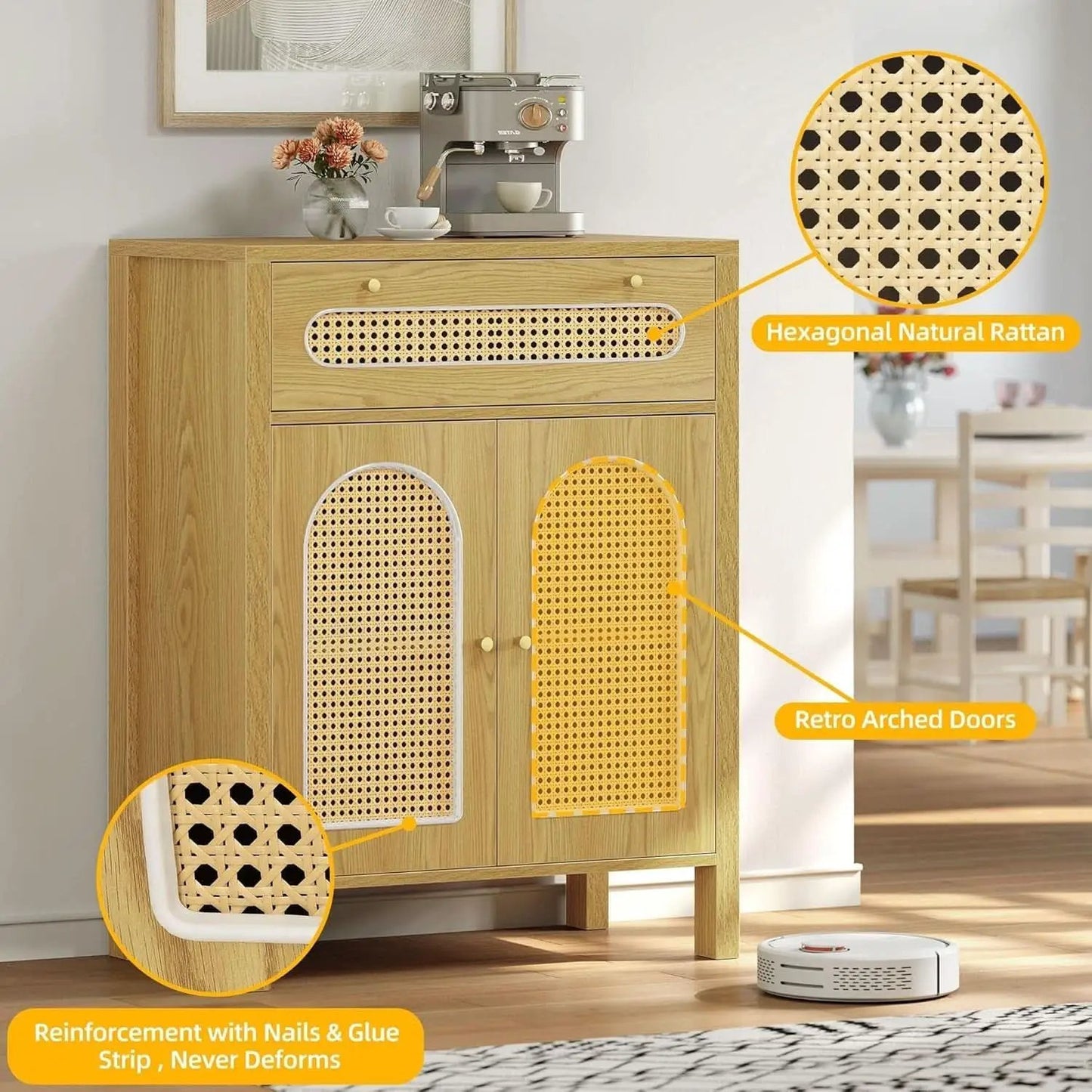 Two Piece Rattan Accent Sideboard Buffet Cabinet With Large Drawers 36 Inch High Natural Finish from PriceLows™