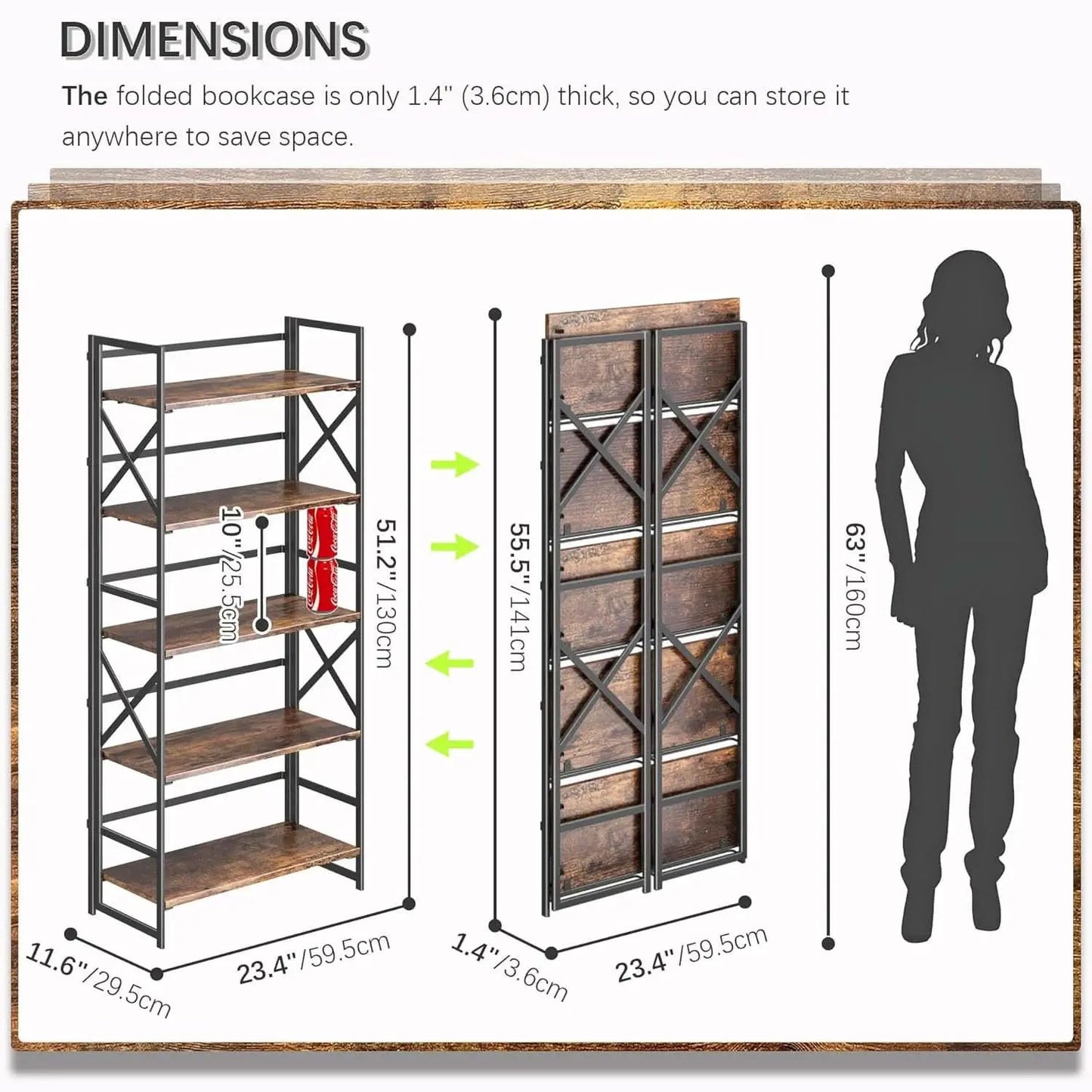 5 Tier Folding Bookshelf No Assembly Rustic Brown Storage from PriceLows™