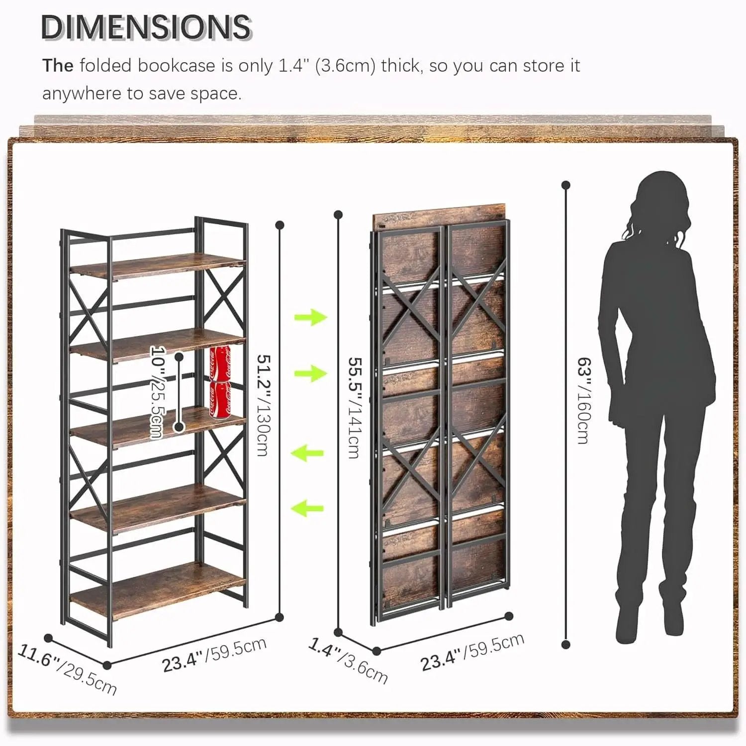 5 Tier Folding Bookshelf No Assembly Rustic Brown Storage from PriceLows™