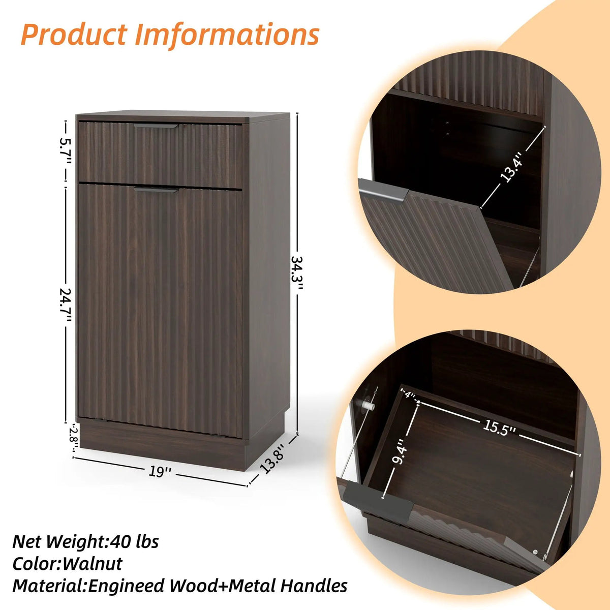 Tilt Out Trash Can Cabinet | Wave Textured Drawer | Pull Out Bin | Dual-Zone Waste Control