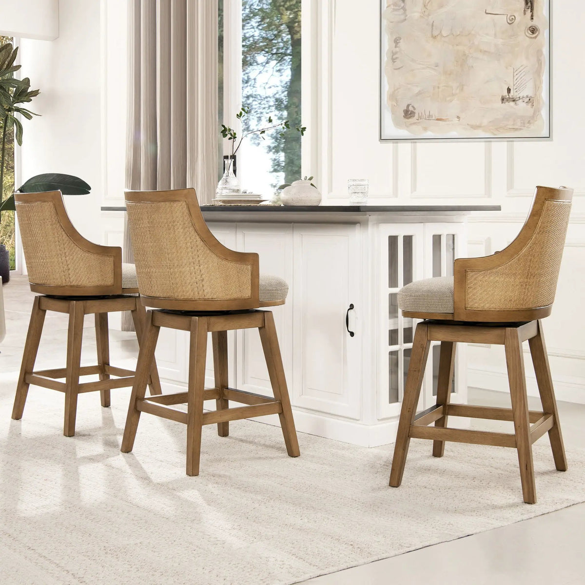 Bahama Swivel Counter Stool | Taupe Beige | Cane High Back | Recessed Arms